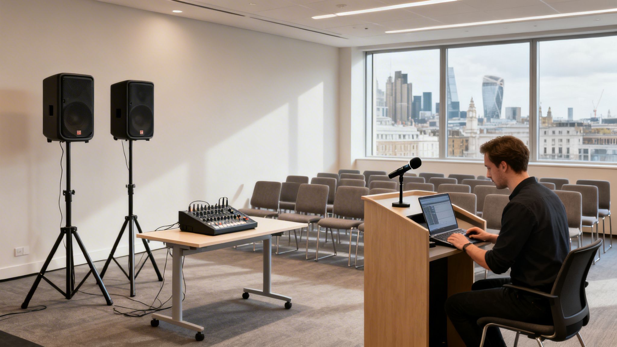 A man operates a laptop at a podium with a microphone in a conference room with PA systems and chairs, overlooking a city skyline.