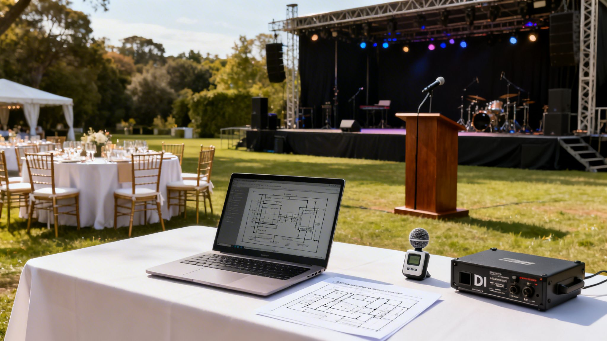 A sound technician's setup with a laptop and audio gear overlooking an outdoor stage and event tables.