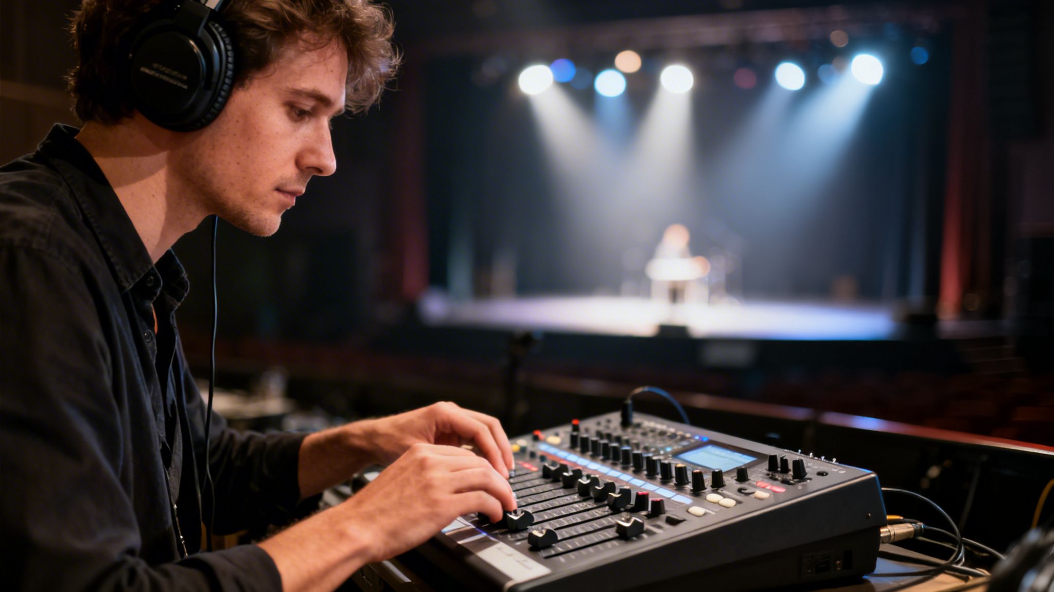 A sound engineer wearing headphones adjusts faders on a mixing console during a live event.