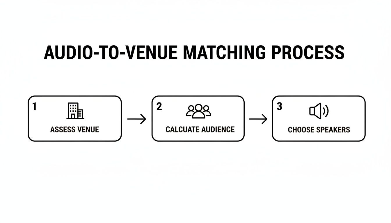 A three-step diagram illustrates the audio-to-venue matching process: assess venue, calculate audience, and choose speakers.