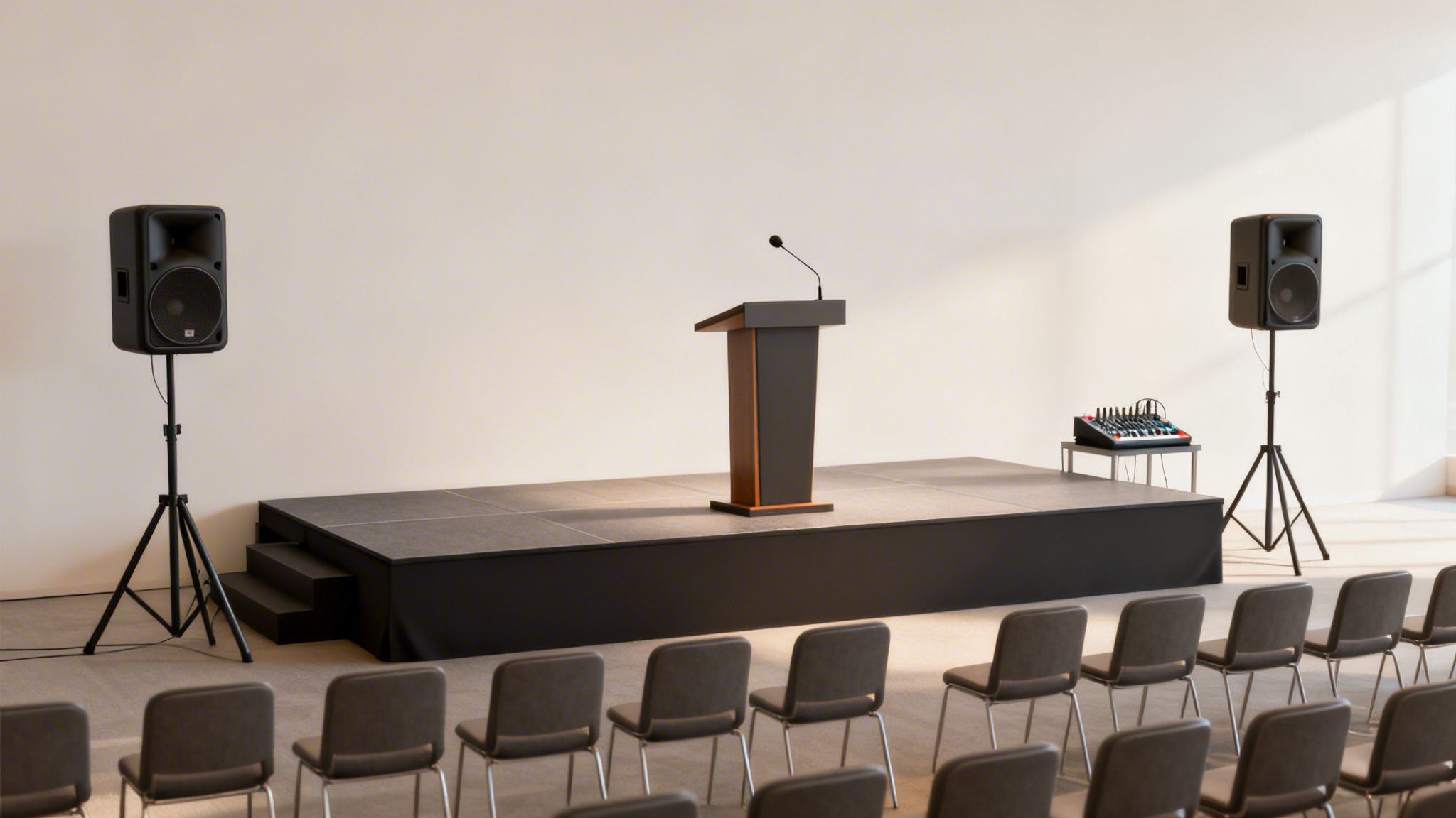An empty event room with a presentation stage, podium, microphone, sound equipment, and rows of chairs.