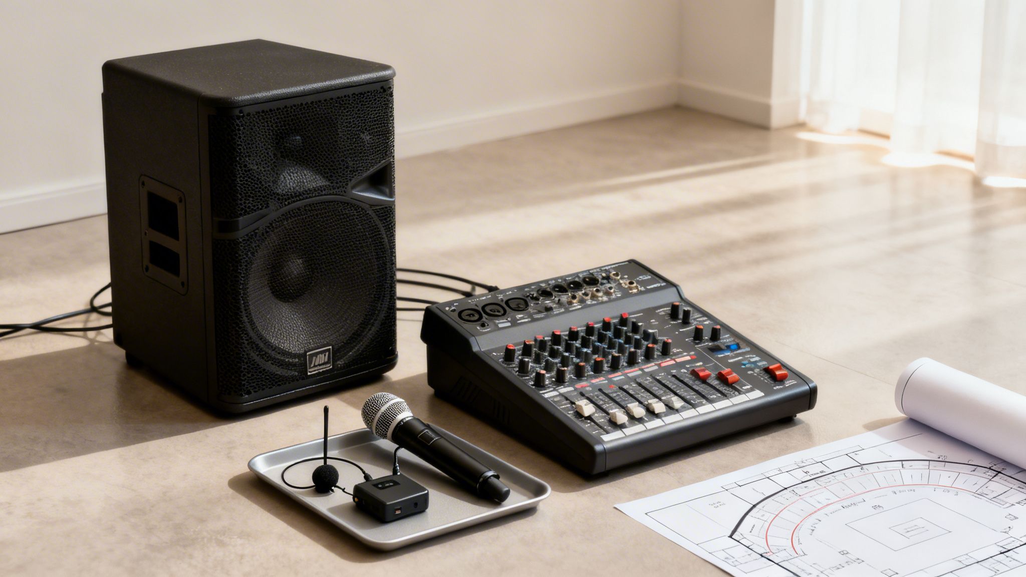 A professional audio setup with a large speaker, sound mixer, microphone, and architectural blueprint.