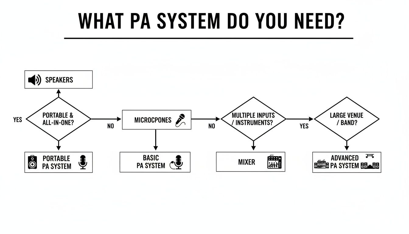 Flowchart guiding users to select the appropriate PA system based on their specific needs and requirements.