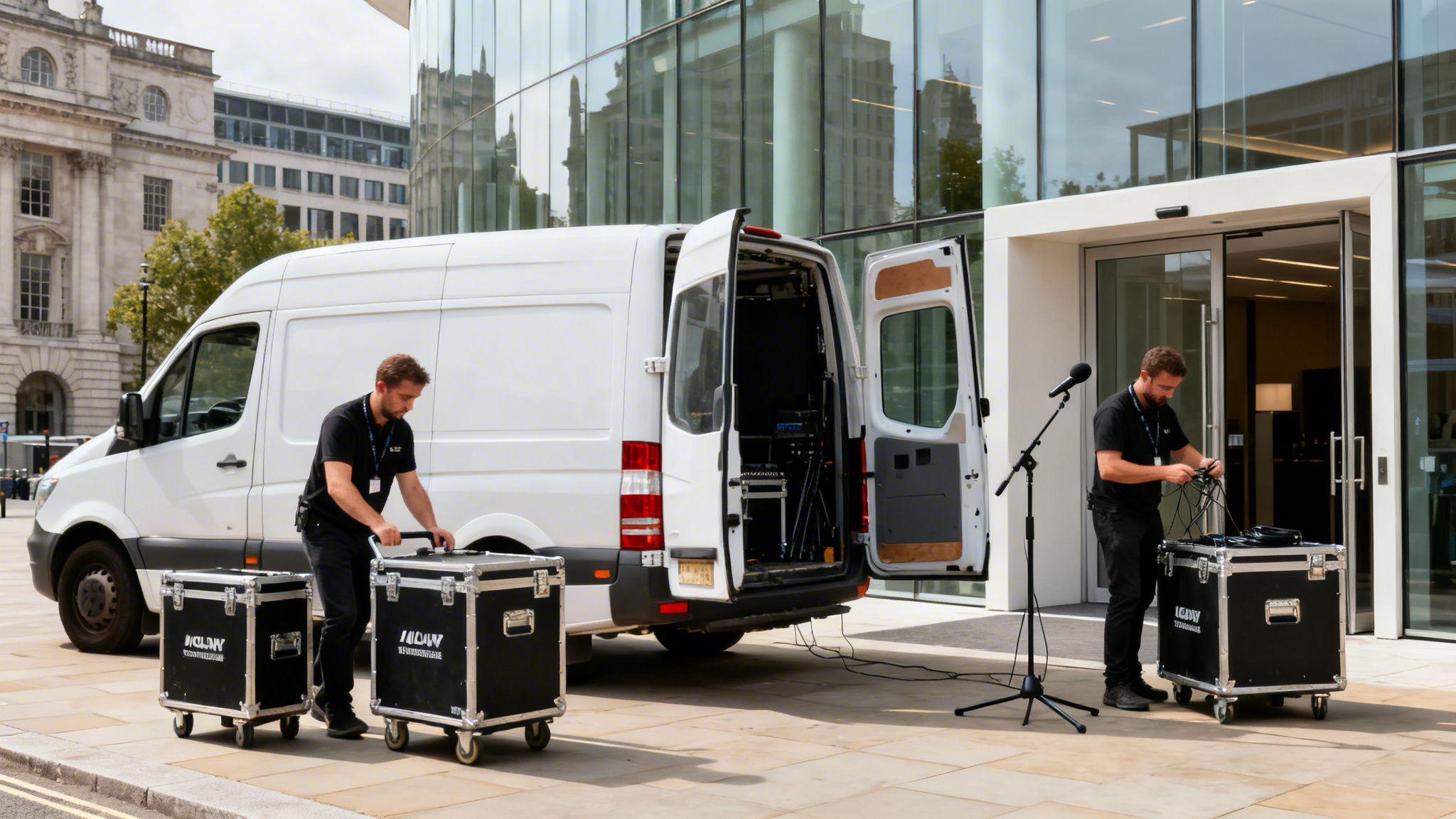 Event technicians prepare professional audio equipment with a microphone and cables outdoors.