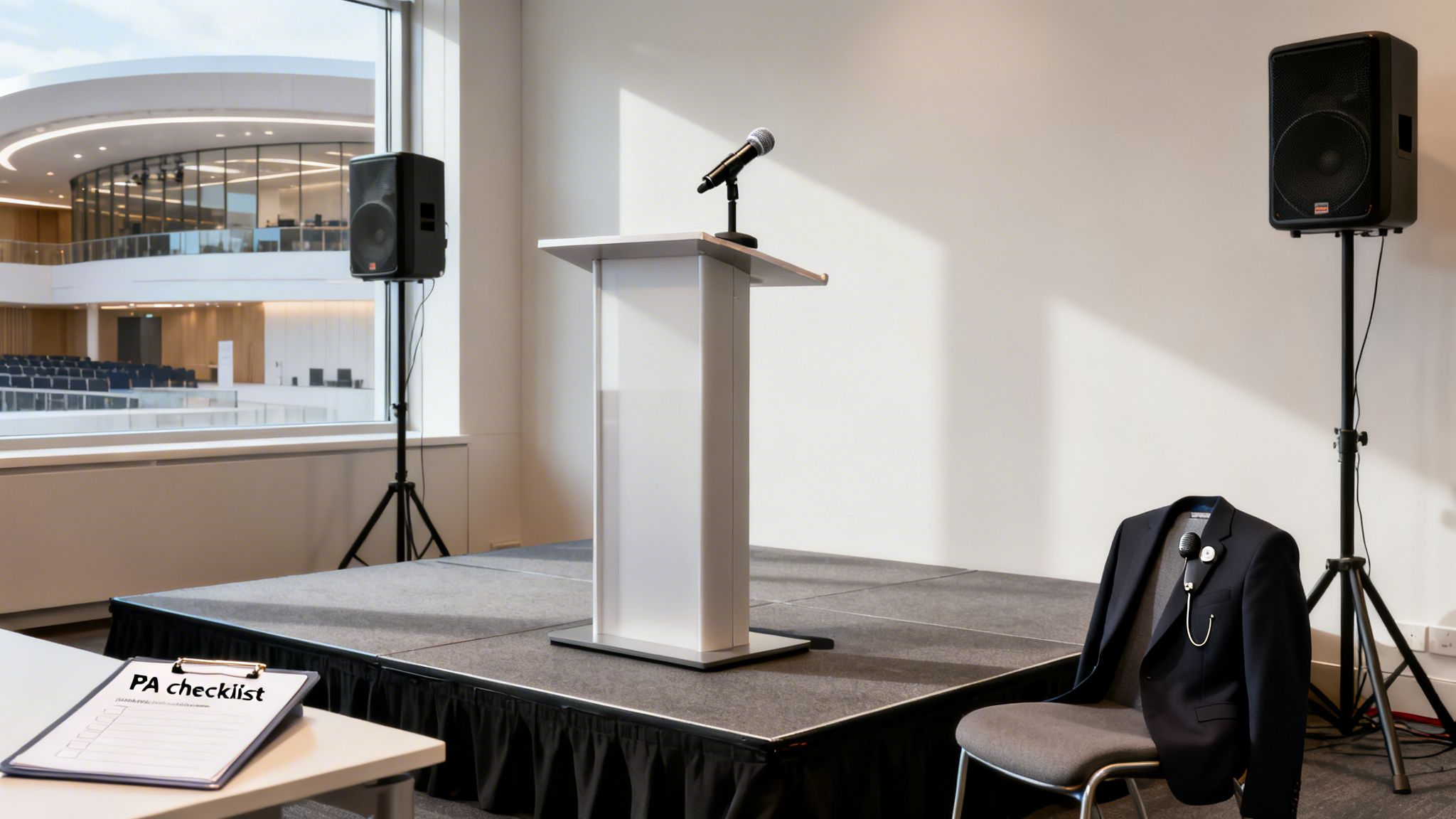 Empty stage with podium, microphones, and sound speakers in a modern conference venue.