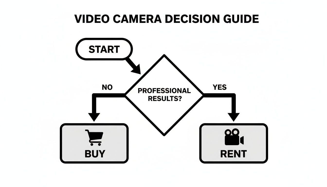 A video camera decision guide flowchart for professional results, recommending to buy or rent.