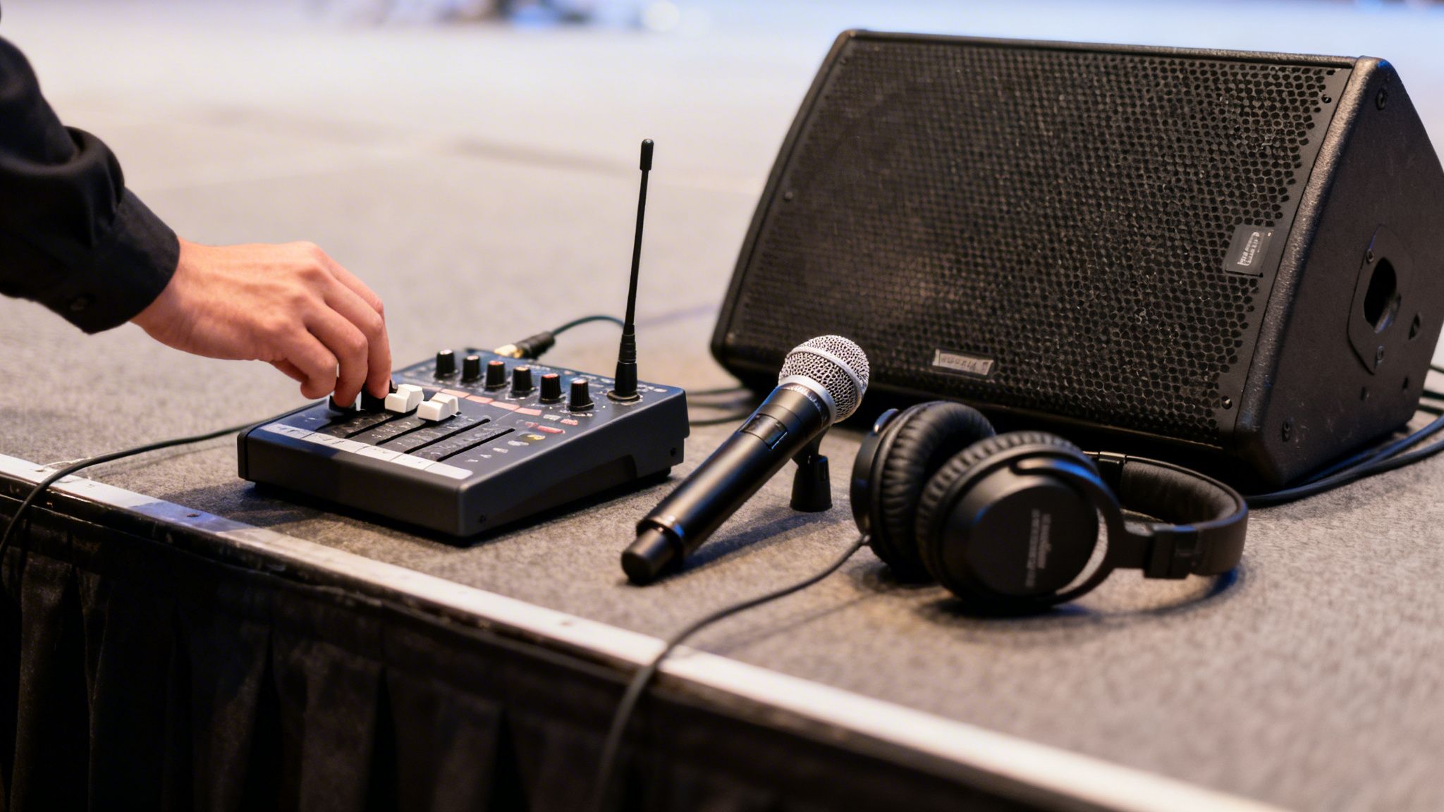A person's hand adjusts a sound mixer with a microphone, headphones, and speaker nearby.