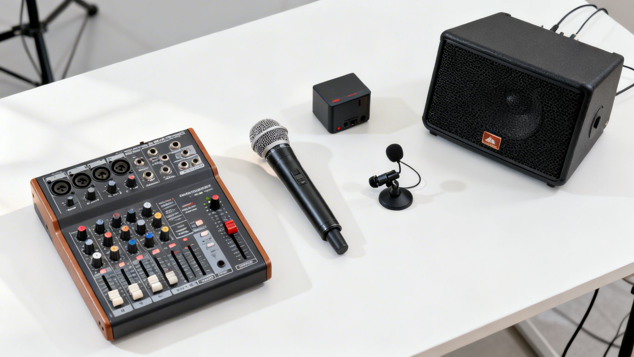A collection of professional audio equipment including a mixer, microphones, and a speaker on a white table.