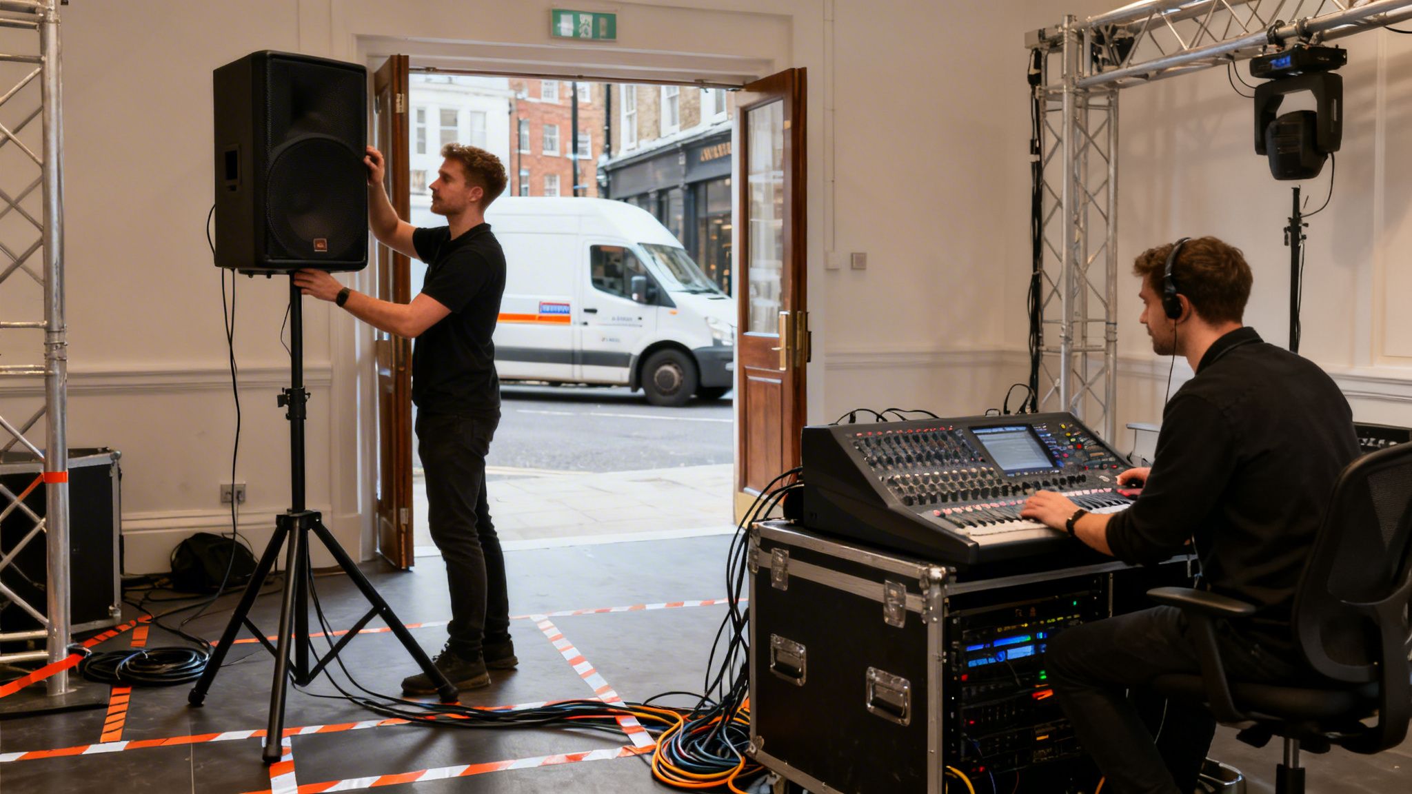 Two sound engineers setting up professional audio equipment, including speakers and a mixing console, for an event.