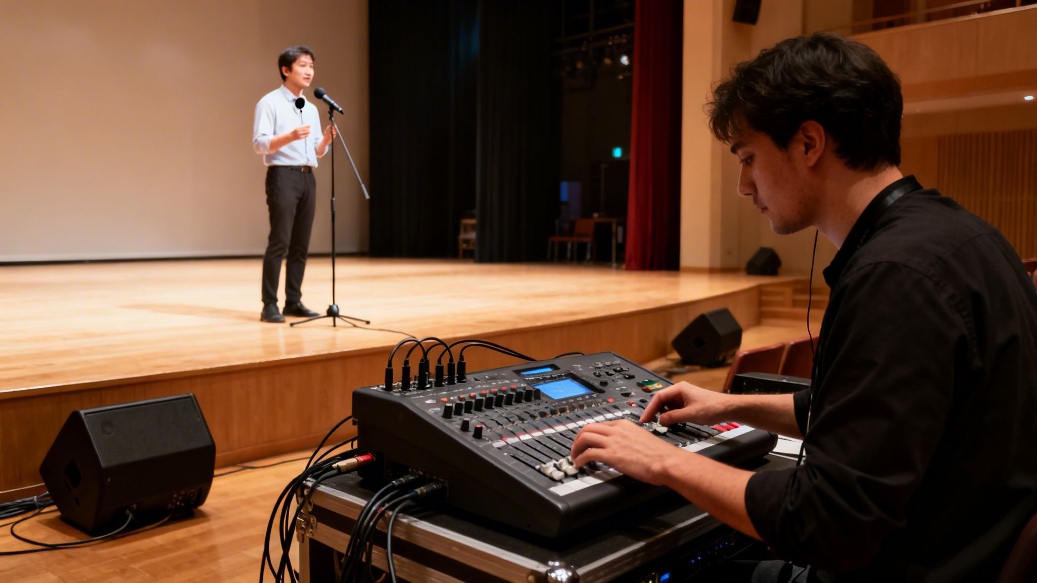 A sound engineer operates an audio mixer while a man speaks into a microphone on stage.