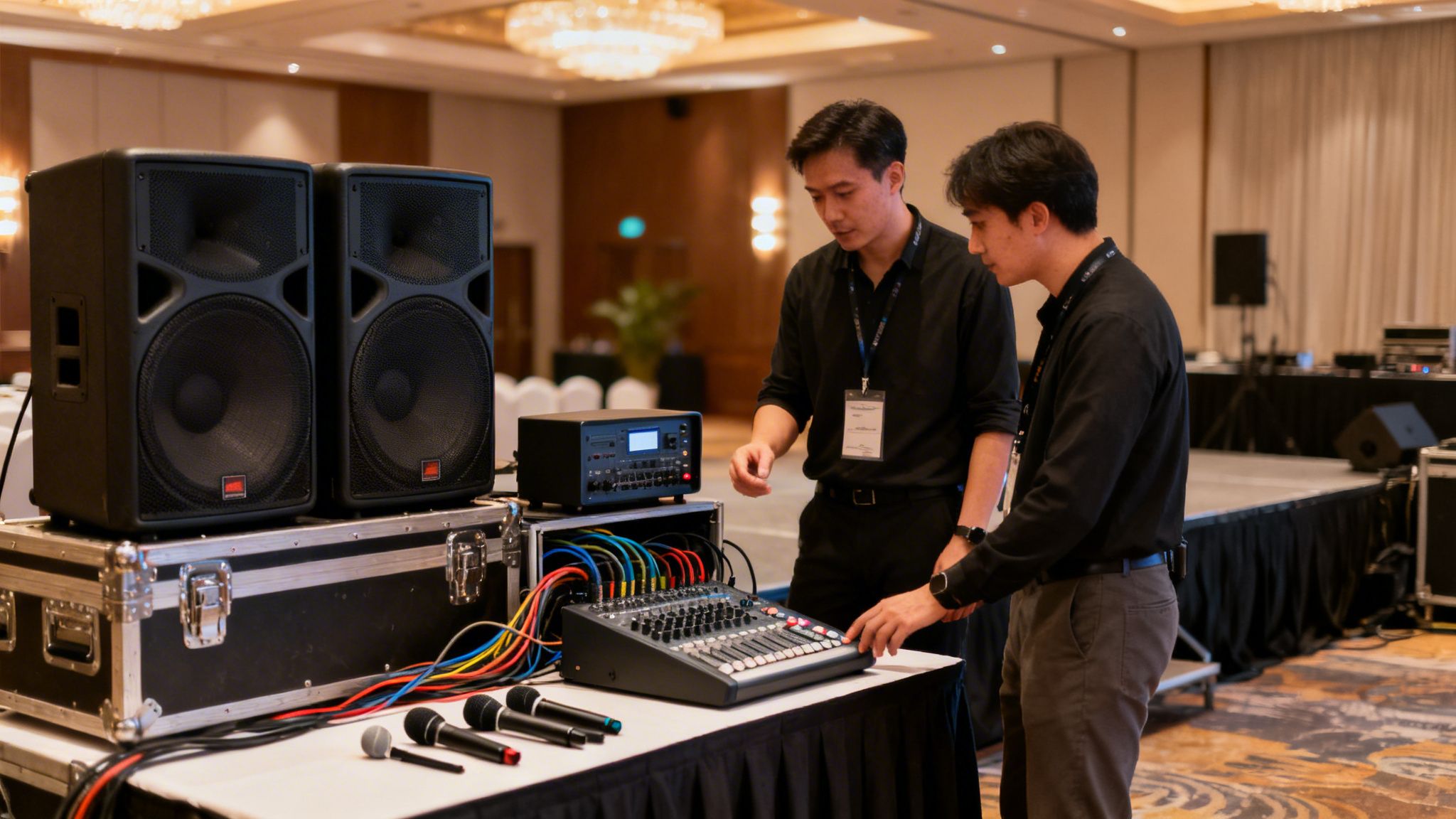 Two men professionally setting up audio equipment, including speakers, mixer, and microphones, for an event.