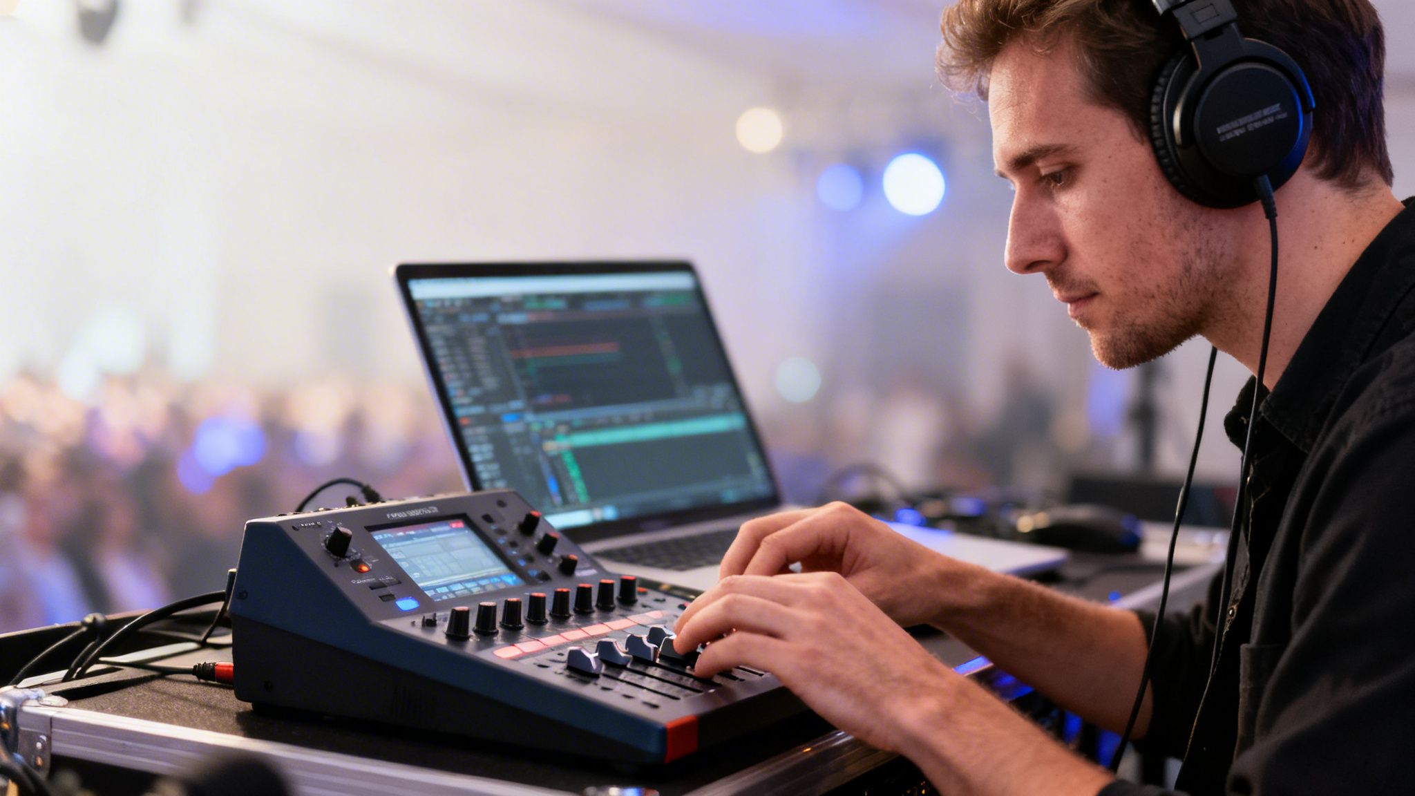A sound engineer with headphones adjusts a mixing console and laptop at a live event.