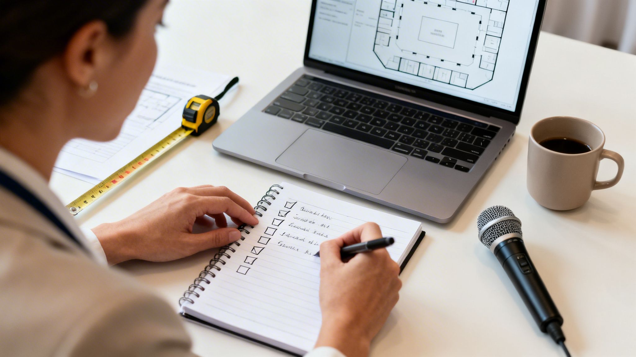 A person works at a desk, reviewing a floor plan on a laptop and writing in a checklist notebook.