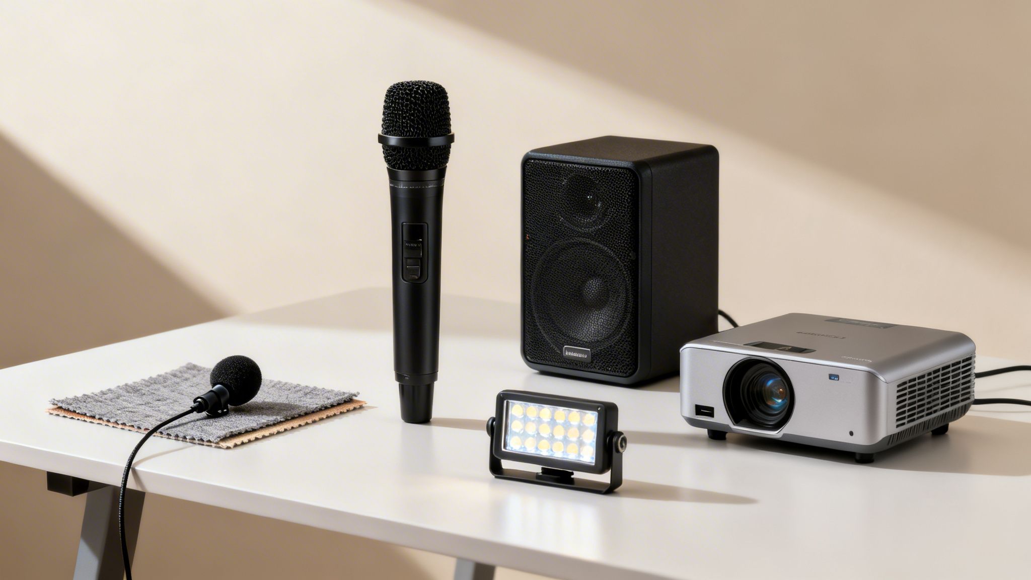 A collection of audio-visual rental equipment, including microphones, speaker, projector, and LED light.