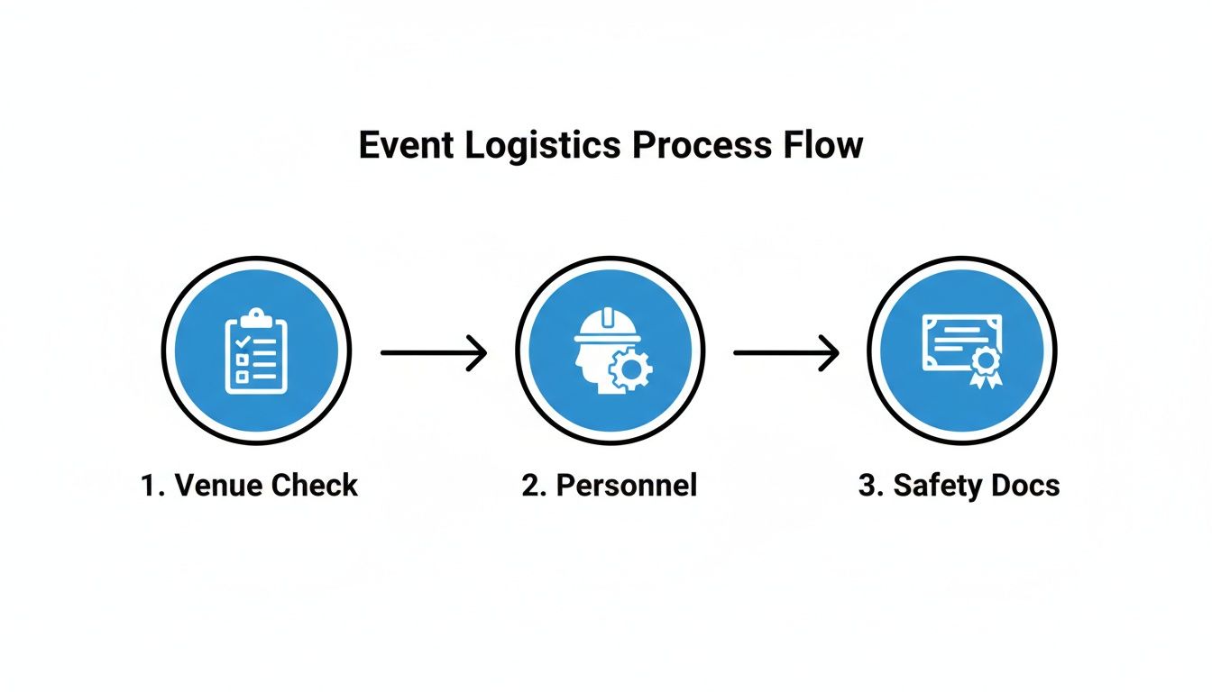 An event logistics process flow diagram showing three steps: Venue Check, Personnel, and Safety Docs.