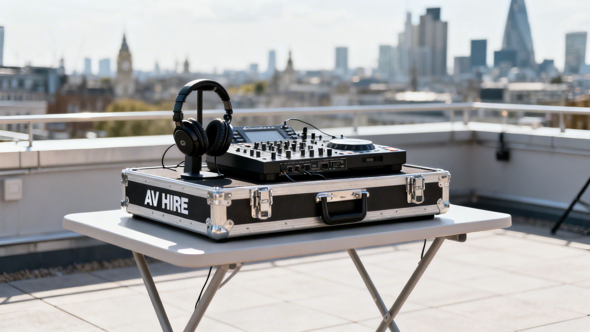 Professional DJ equipment, including headphones and a mixer, on a flight case with 'AV HIRE' on a London rooftop overlooking the city skyline.