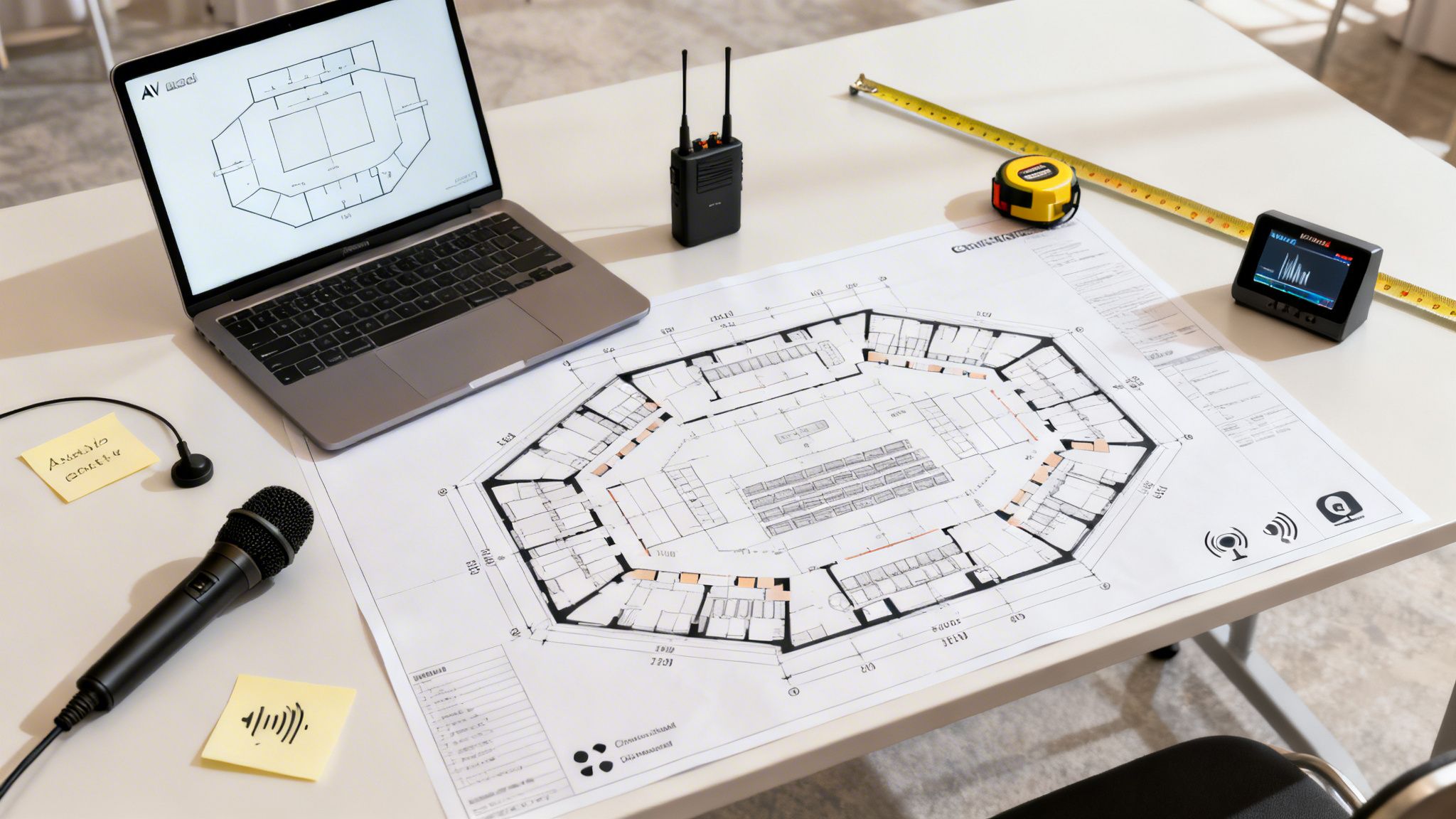 A desk with a laptop, architectural blueprint, microphone, walkie-talkie, measuring tape, and sound meter for event planning.