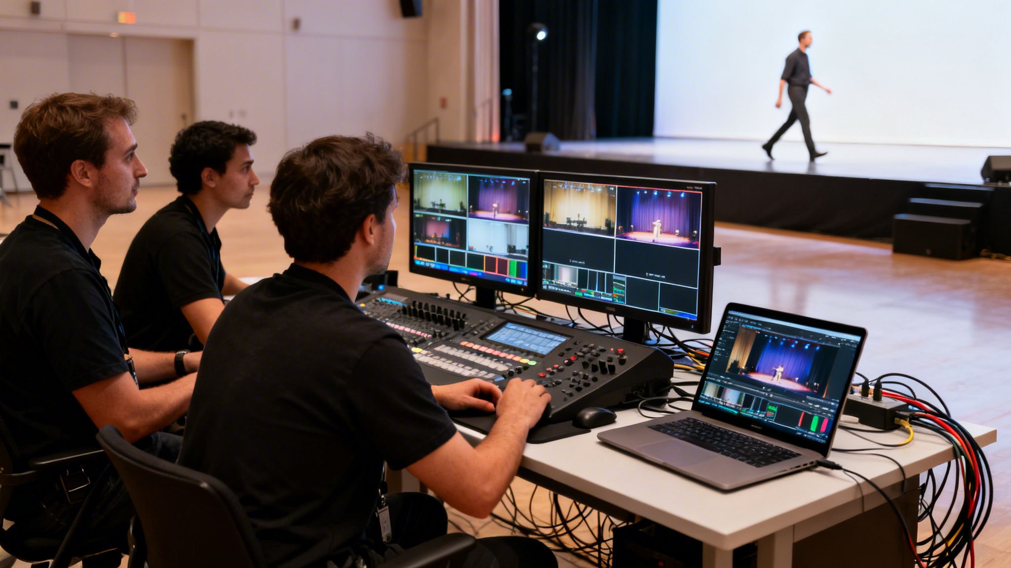 Event technicians manage live video and audio controls for a stage performance.