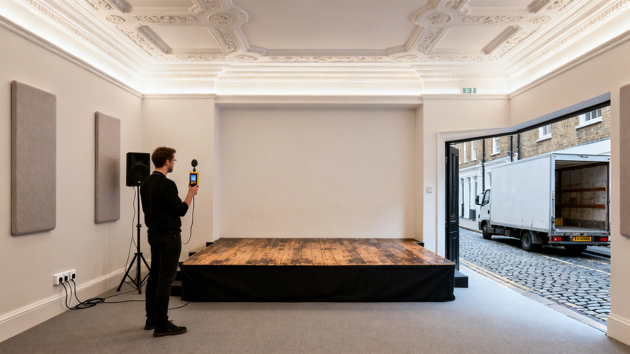 Sound engineer calibrating audio equipment in a London venue with a delivery truck outside.