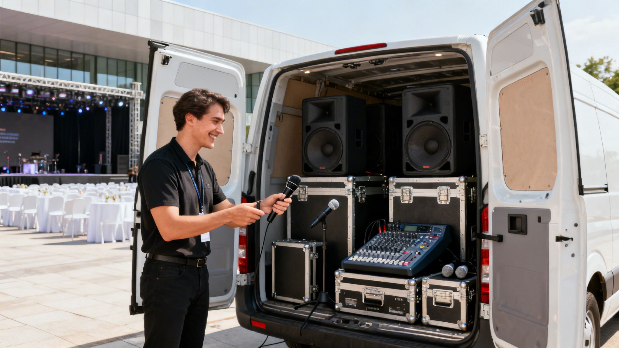 Smiling man holding a microphone next to an open van with audio equipment for an outdoor event.