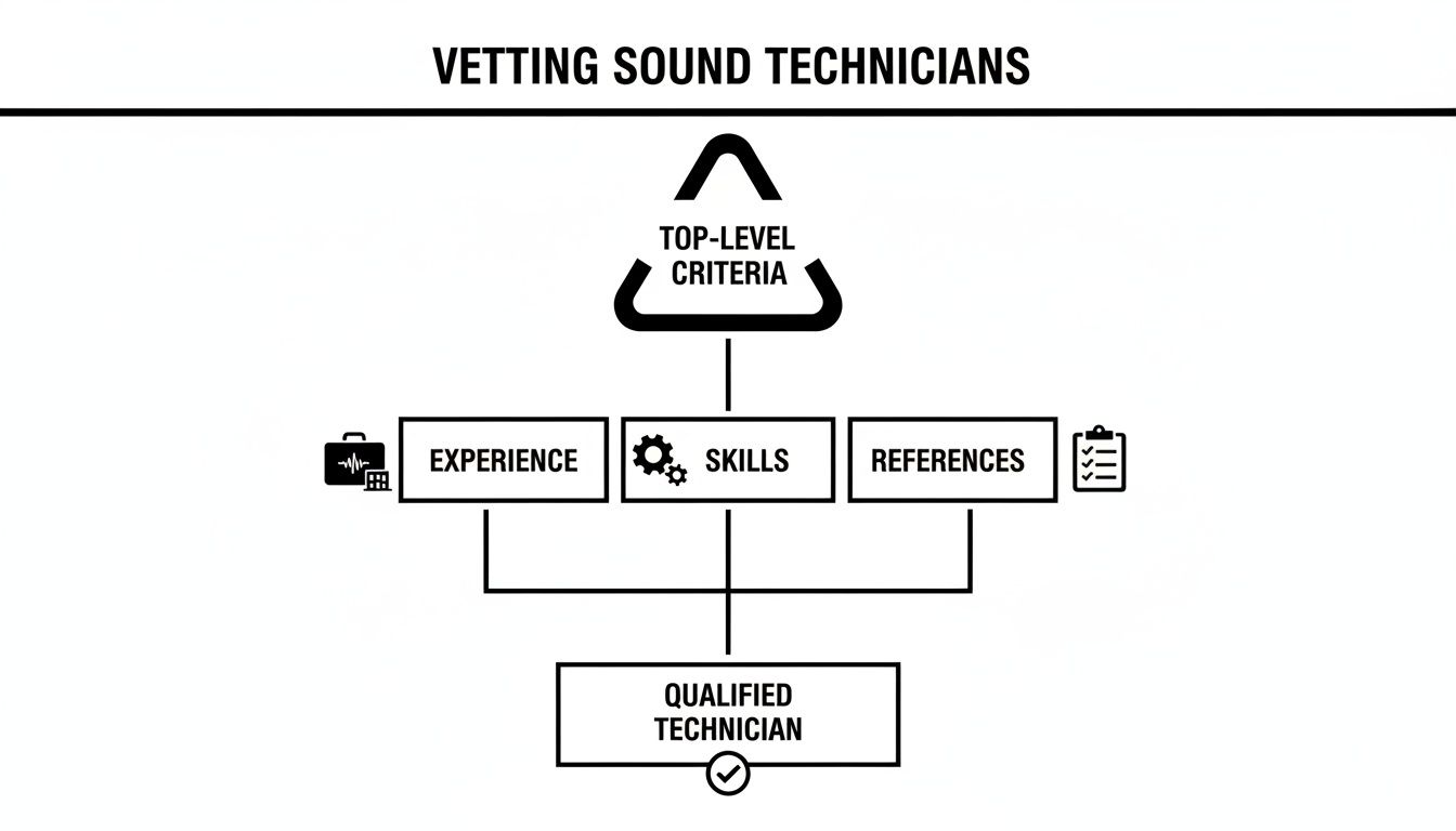 Diagram showing top-level criteria for vetting sound technicians: experience, skills, and references leading to a qualified technician.