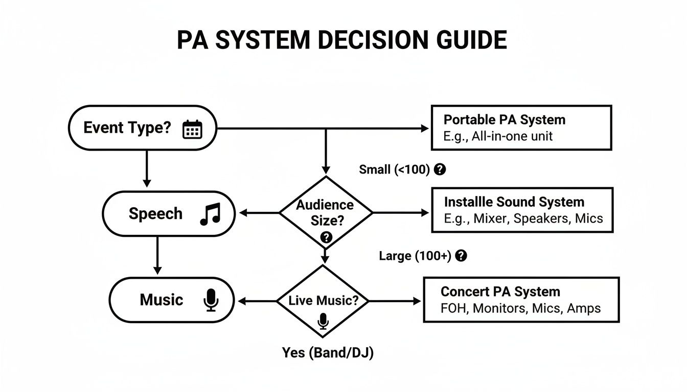 A PA System Decision Guide flowchart outlining system choices for various event types, audience sizes, and live music.