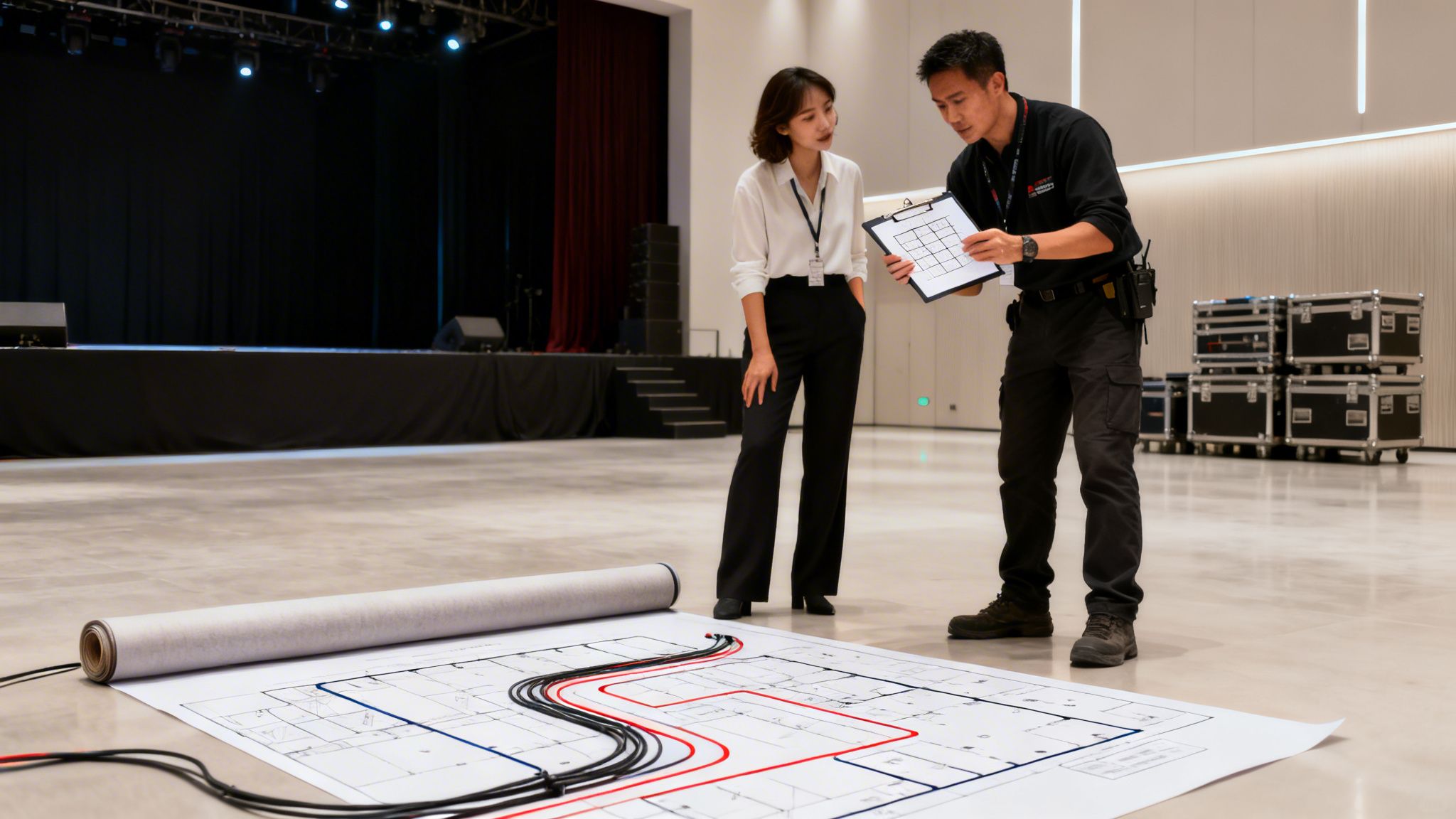 Two event crew members reviewing a floor plan with cables for an event setup in a large hall.