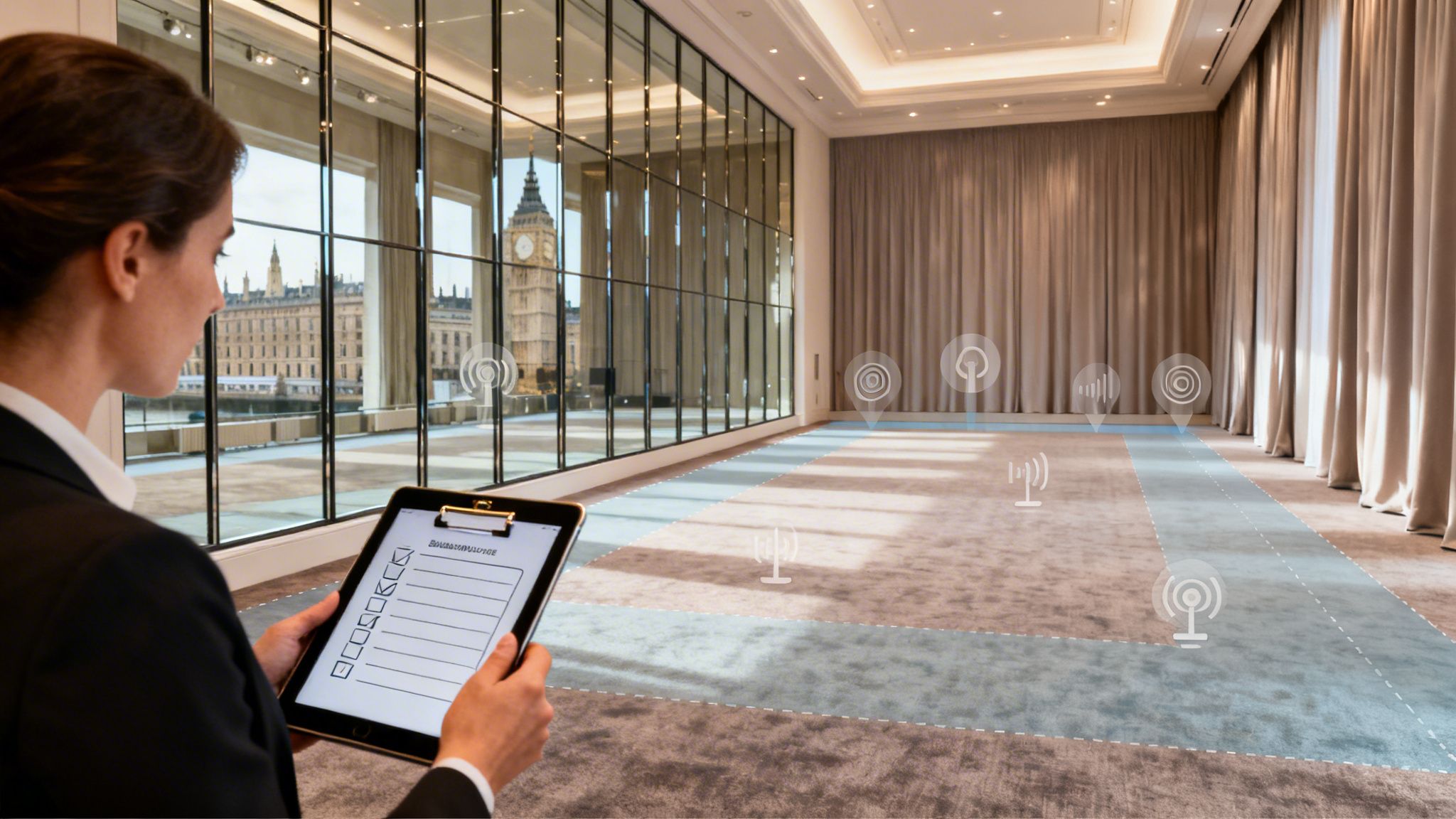 Event planner with tablet showing room layout and tech zones in a venue overlooking Big Ben.
