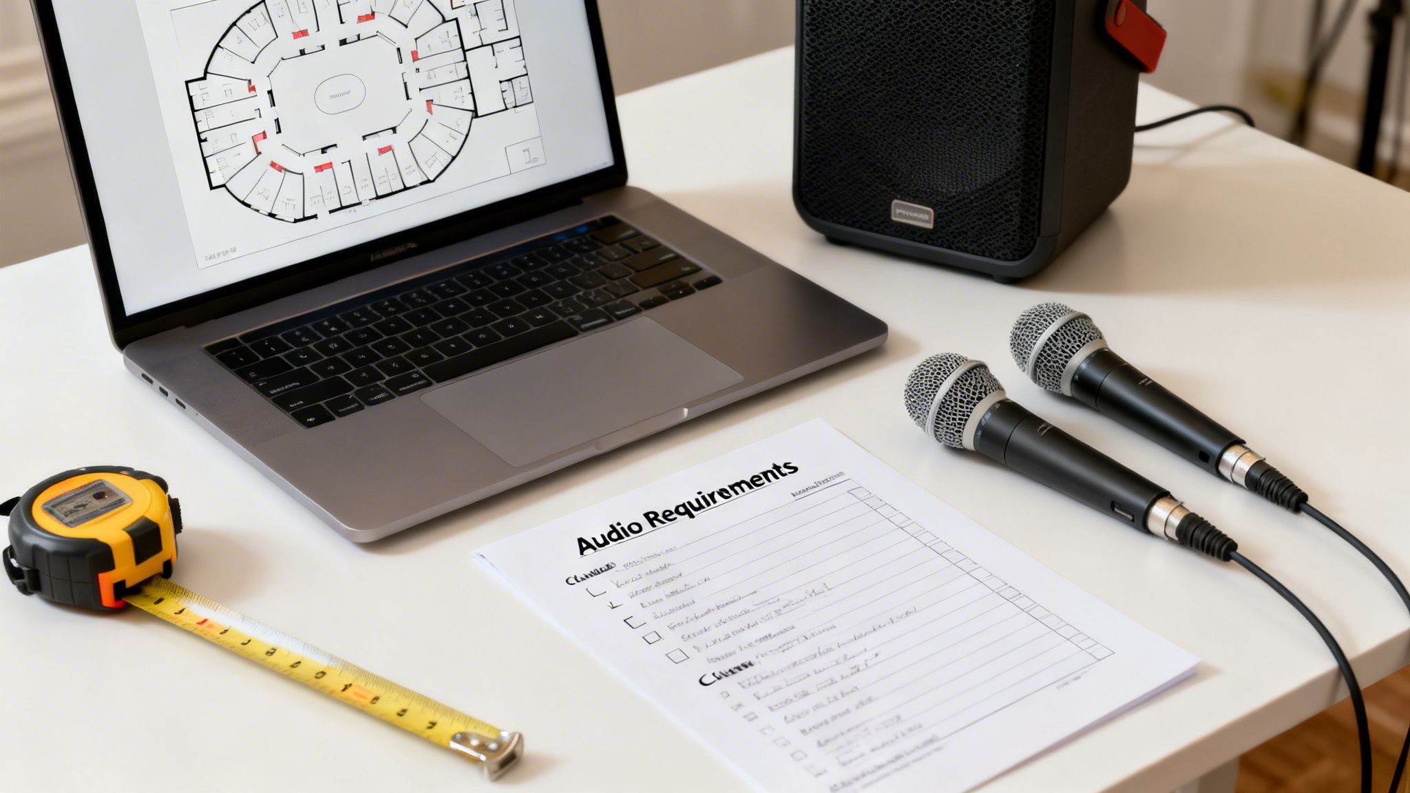 A desk setup for event planning, with a laptop showing a floor plan, audio requirements, microphones, and a tape measure.