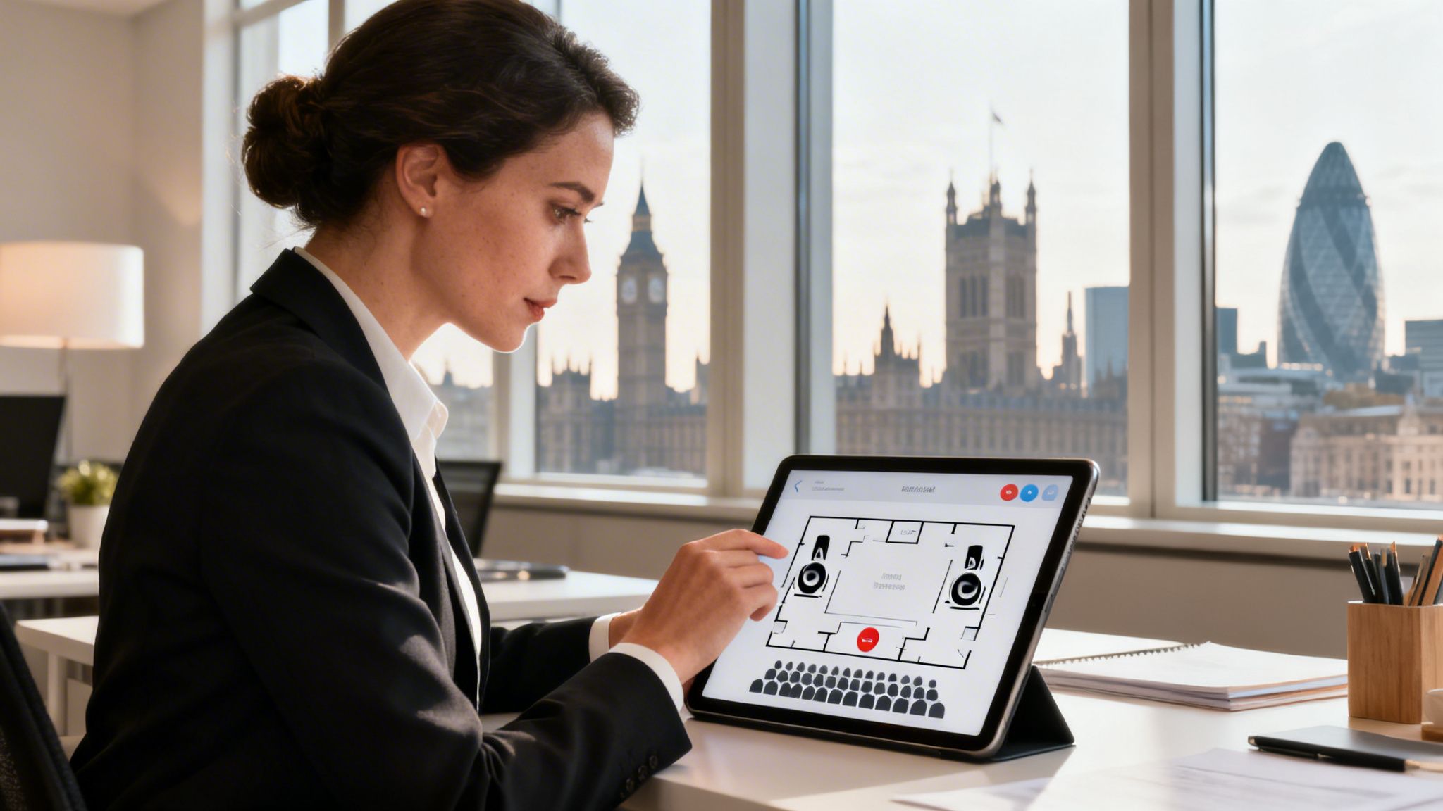 Professional woman uses a tablet to design a room layout with speakers, against a London skyline.