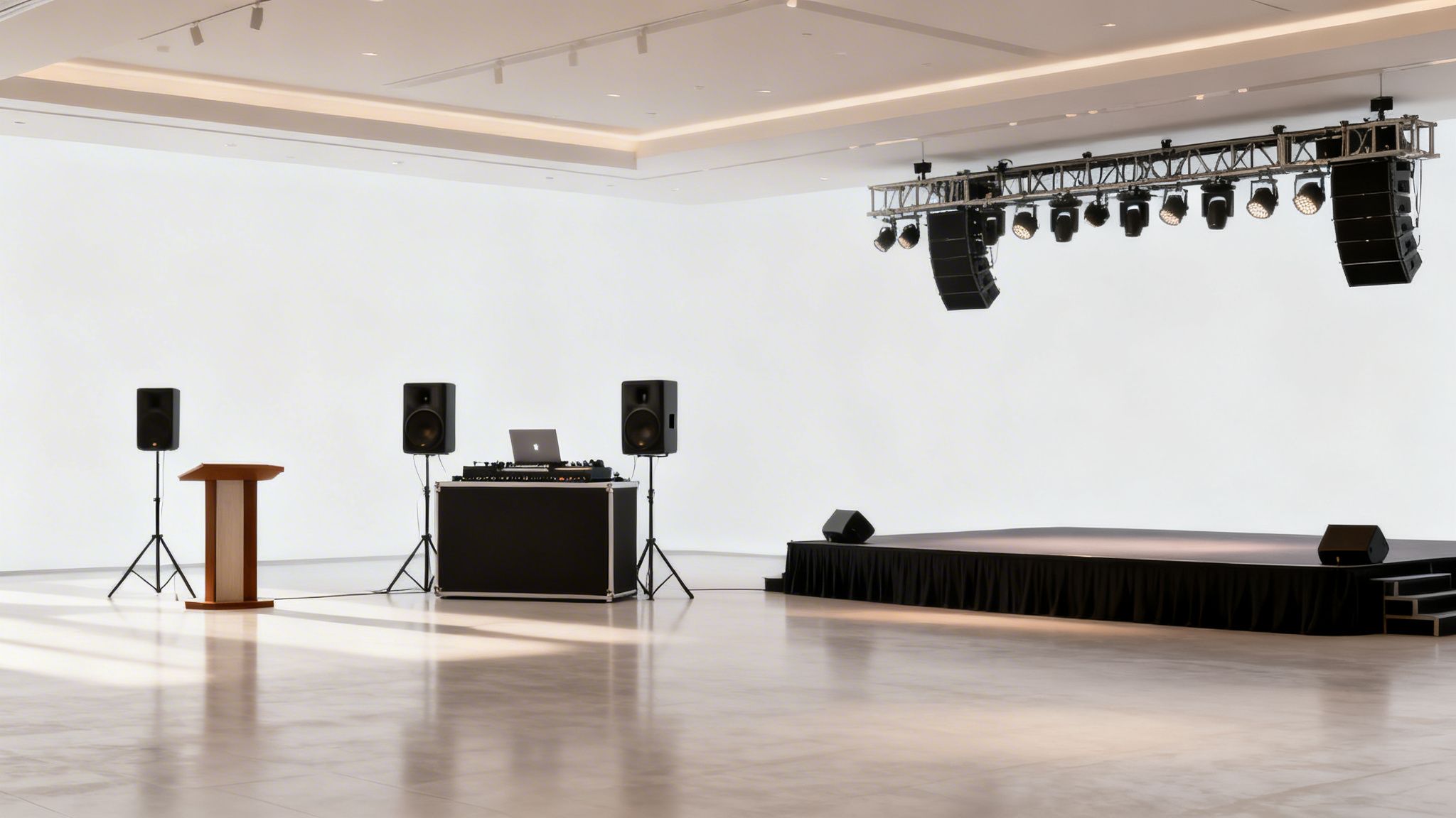 Modern event space with a professional stage, sound system, lighting rig, and podium.