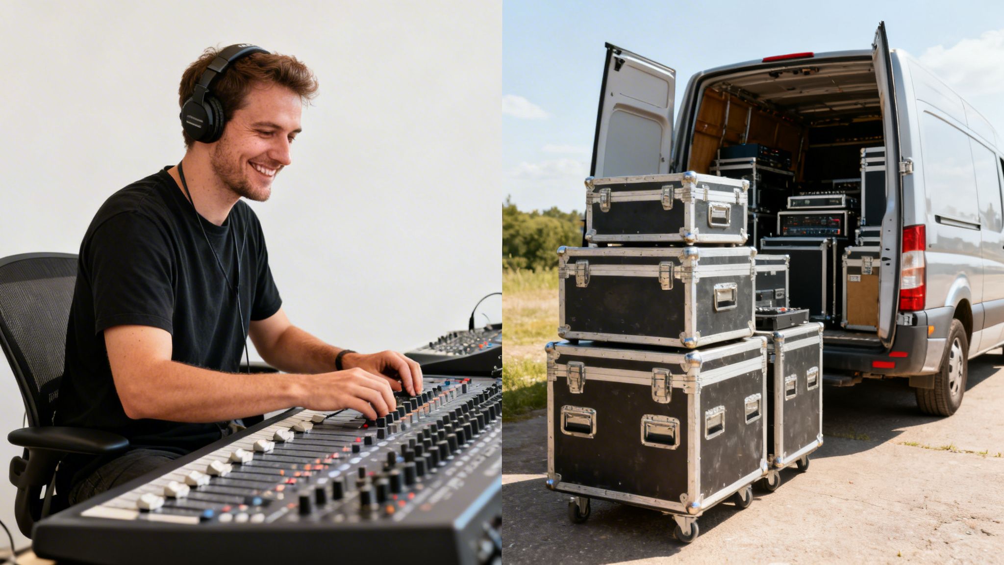 A smiling sound engineer with headphones working a mixing console, next to a van full of audio equipment.