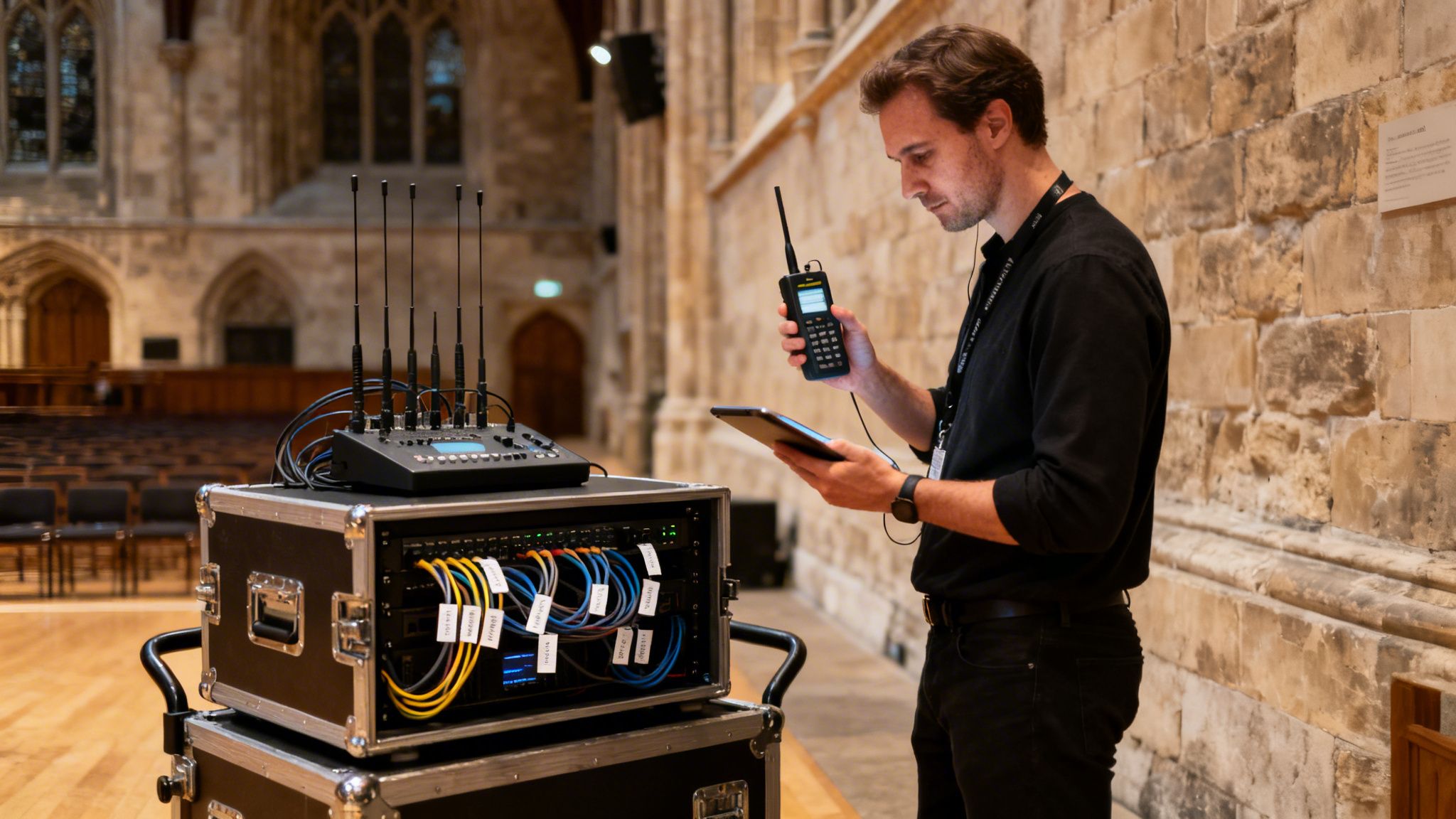 A technician monitors wireless audio equipment with a handheld scanner and tablet in an event venue.