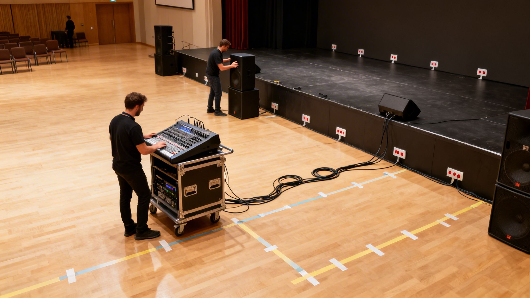 Two sound engineers set up audio equipment, including a mixer and speakers, for an event in a hall with a stage.