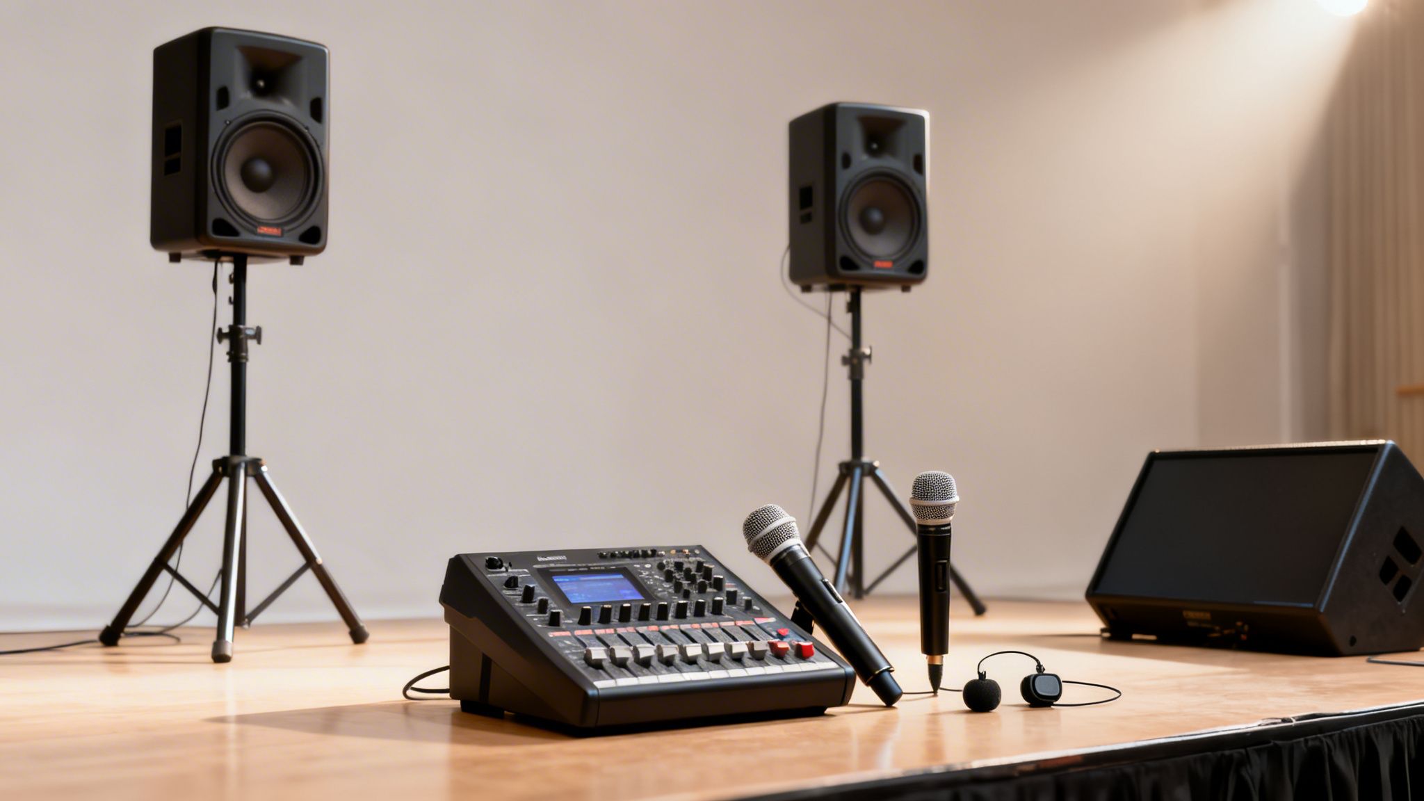 Audio equipment set up on a wooden stage, including speakers, a mixer, and microphones.