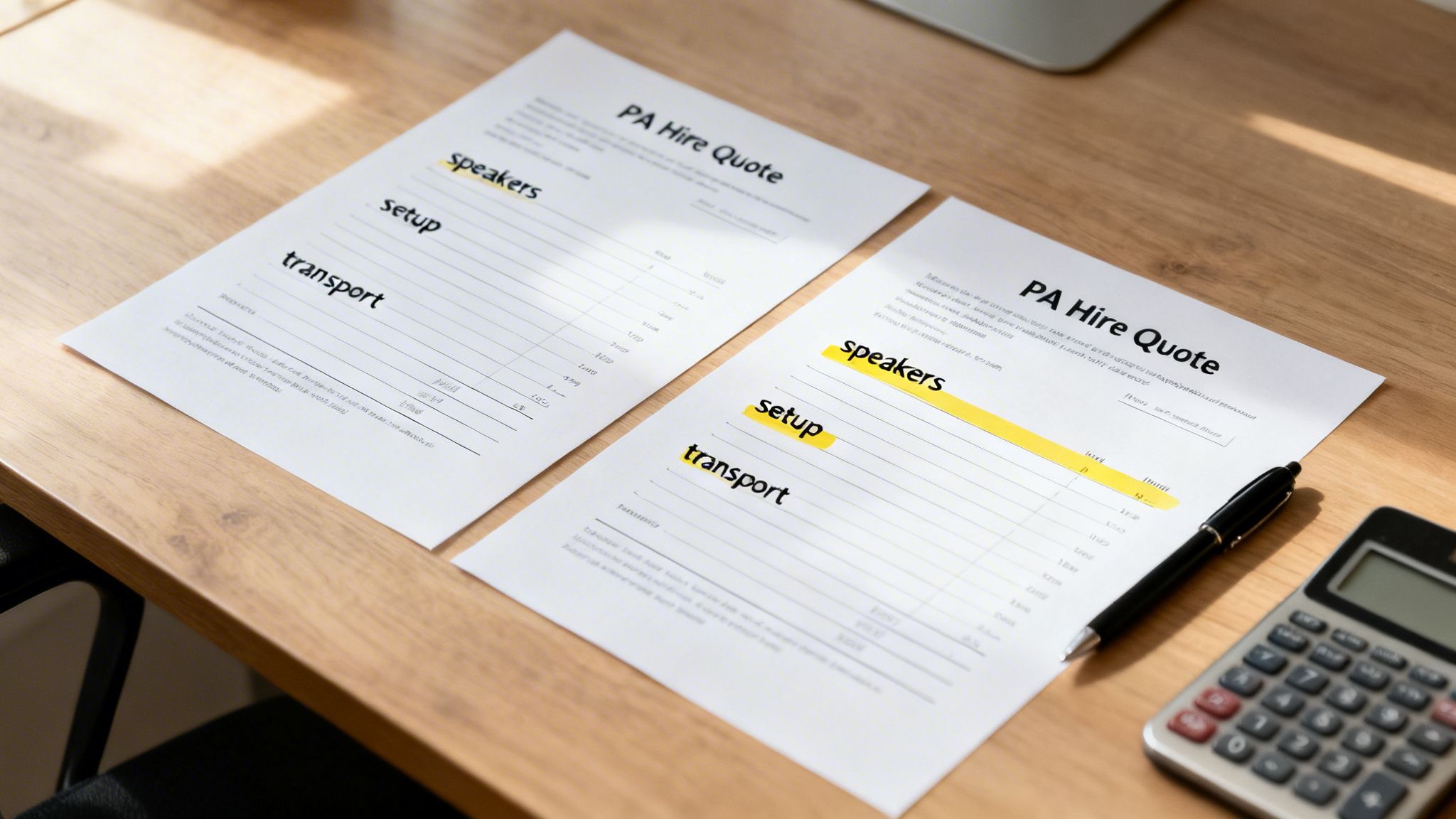 Two PA Hire Quote documents on a wooden desk with a pen and calculator, showing quotes for speakers, setup, and transport.