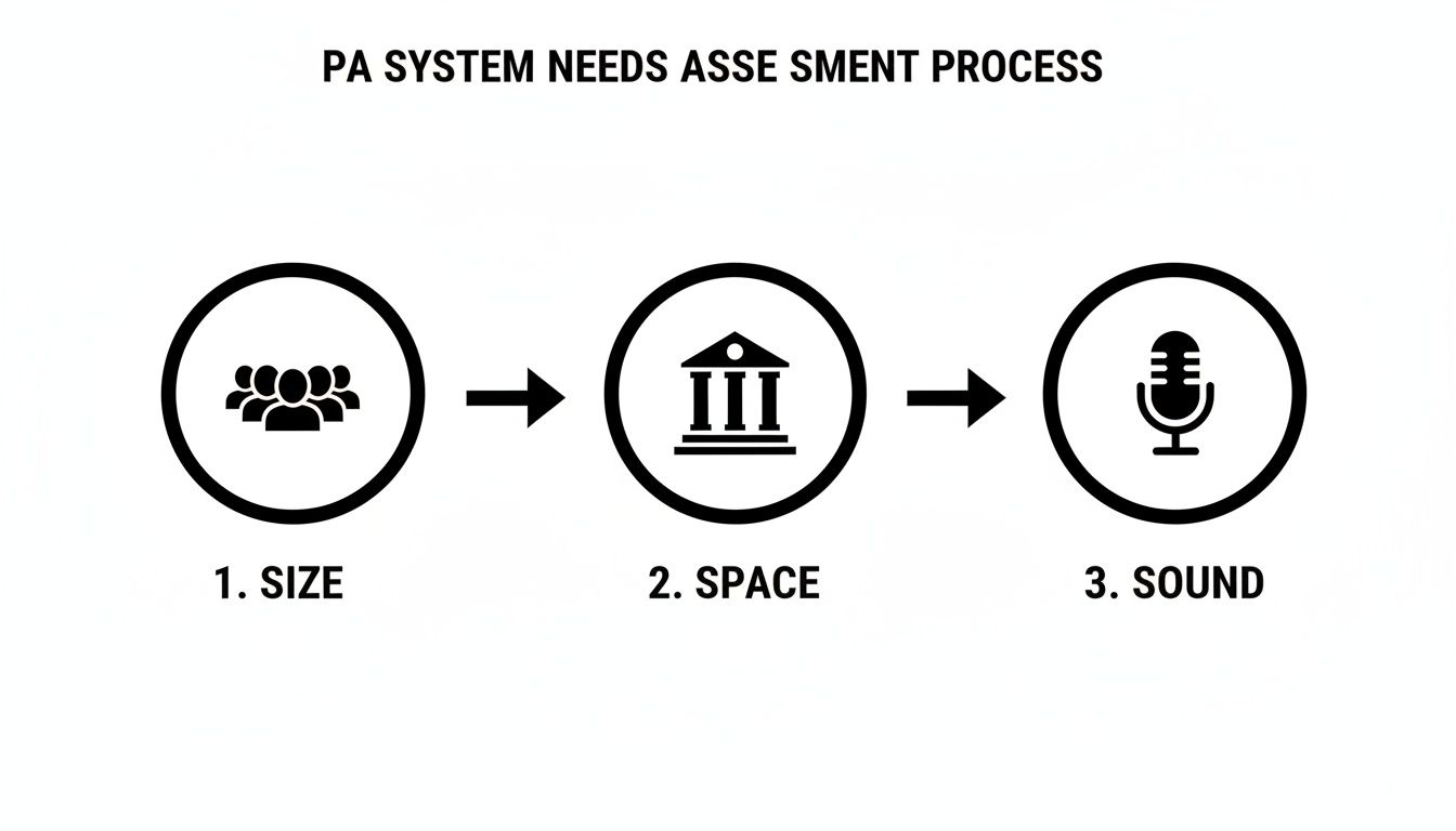 A diagram outlining the PA system needs assessment process, focusing on size, space, and sound.