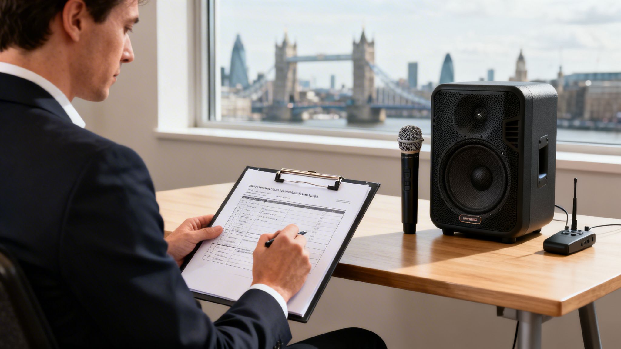 A man in a suit writes on a clipboard, with a portable PA system and London's Tower Bridge in the background.