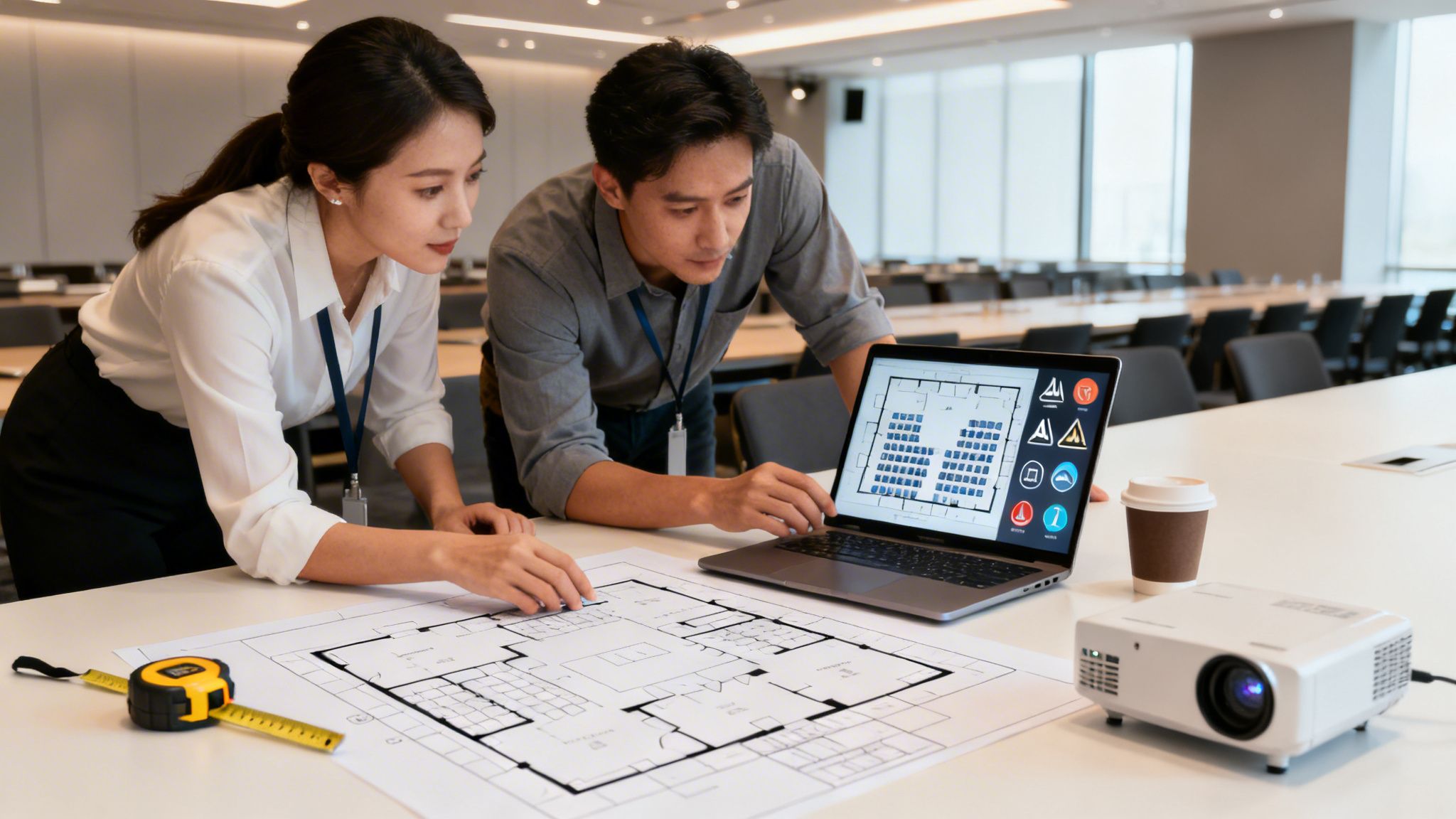 Two professionals planning an event layout with blueprints, a laptop, and a projector.
