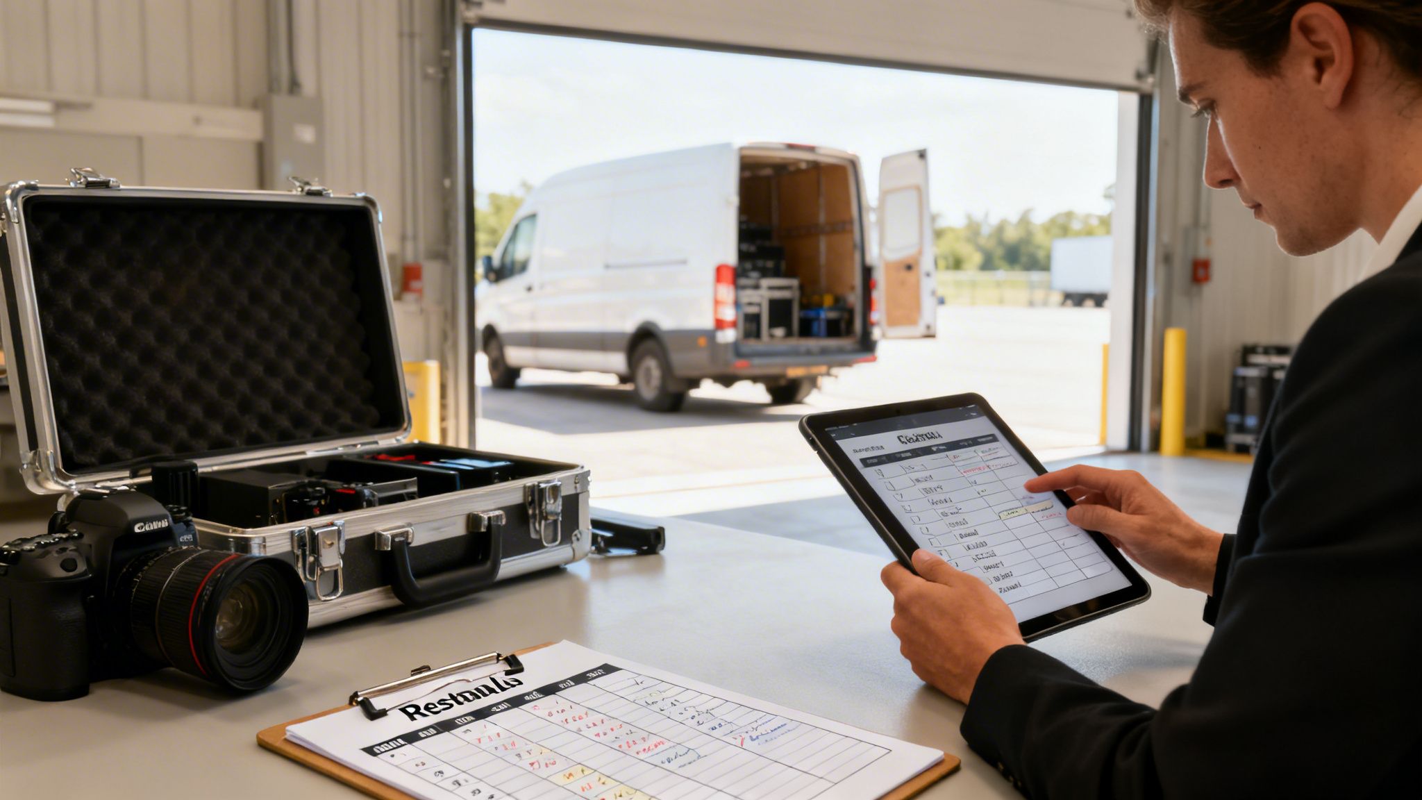 A man reviews a checklist on a tablet next to a camera and equipment case with a van in the background.
