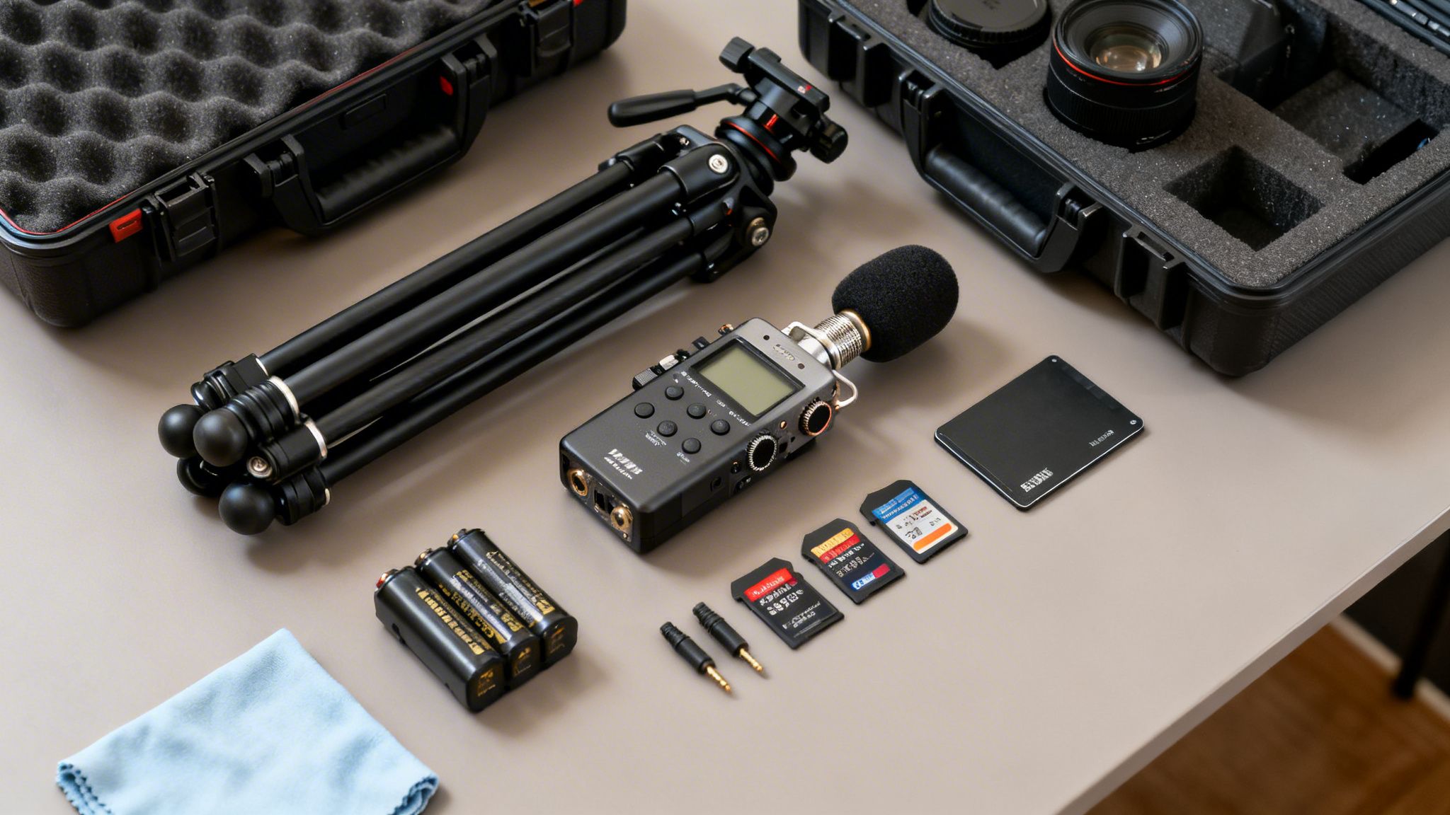A flat lay of video production gear including a tripod, digital recorder with microphone, lenses, memory cards, batteries, and accessories on a table.