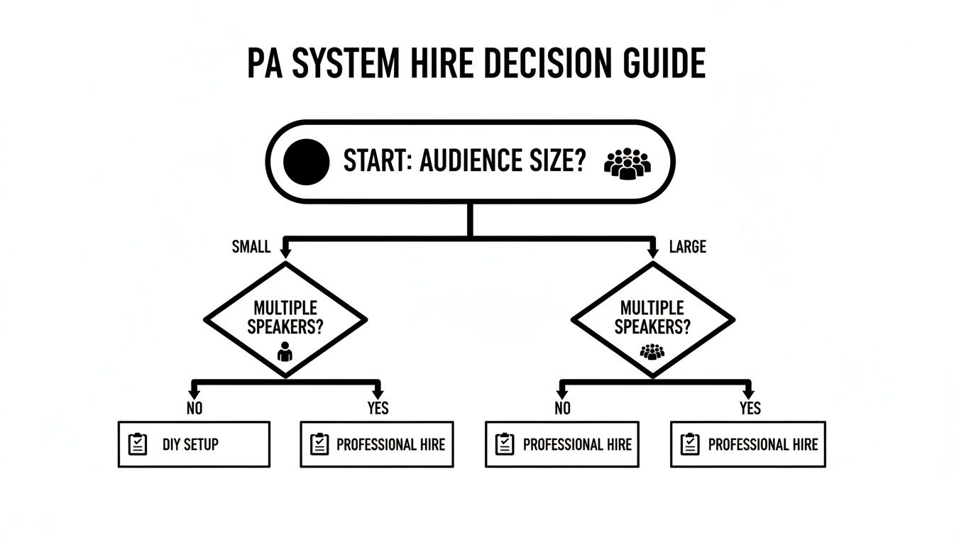 Flowchart illustrating a PA system hire decision guide based on audience size and speakers.