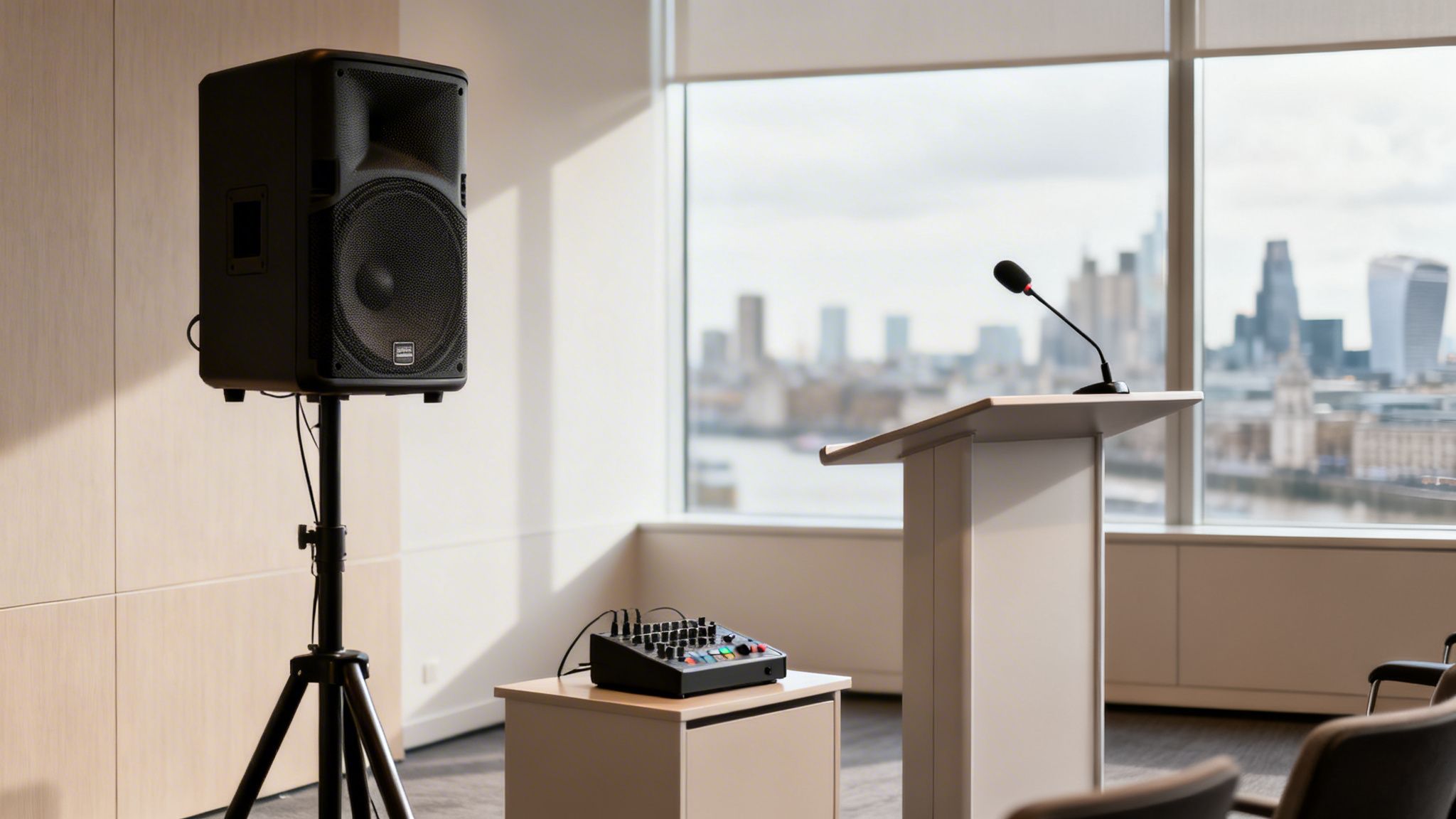 A conference room with a PA speaker, podium, and mixer overlooking a city skyline.