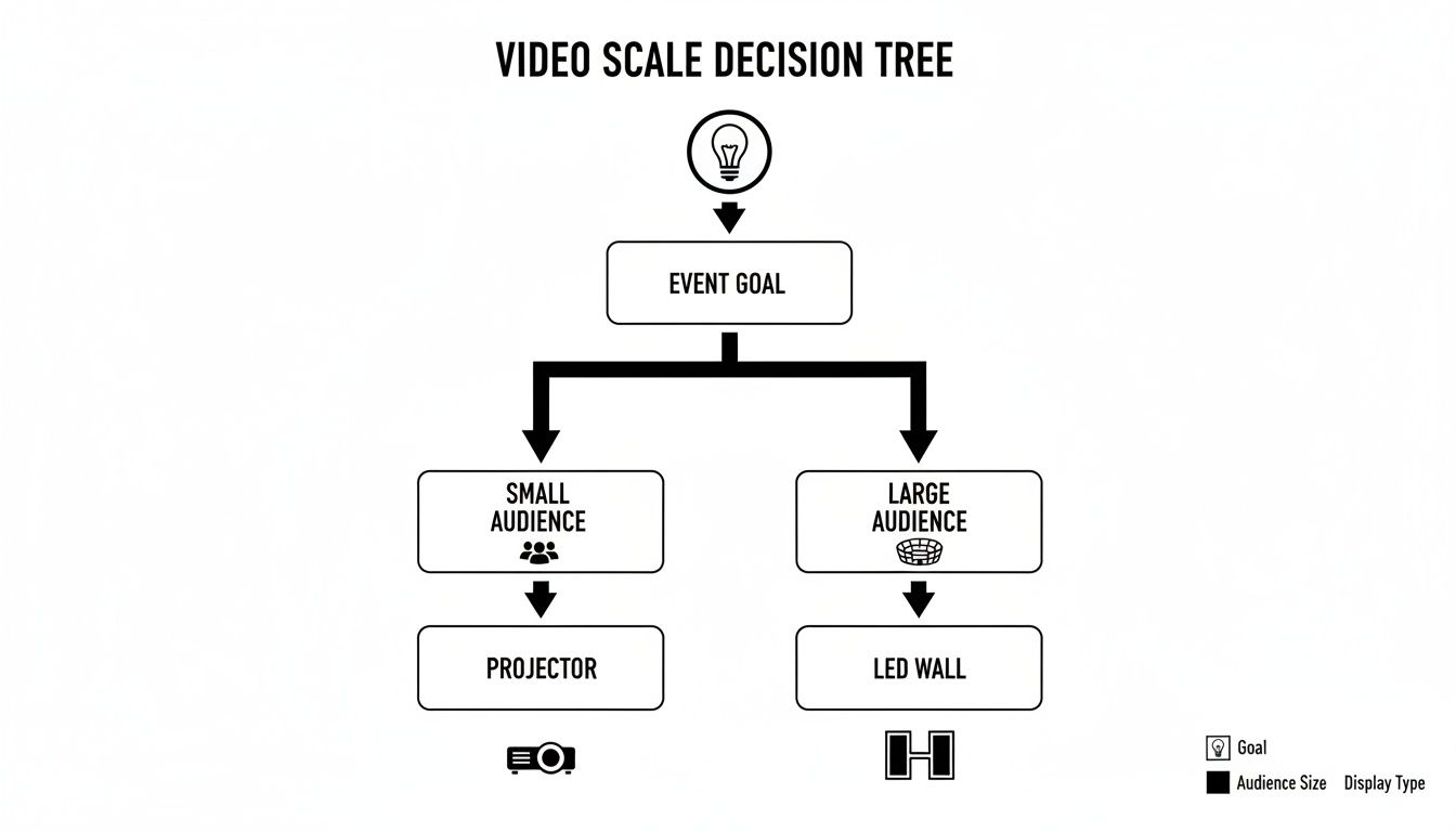 A video scale decision tree illustrates choosing between a projector and LED wall based on audience size.