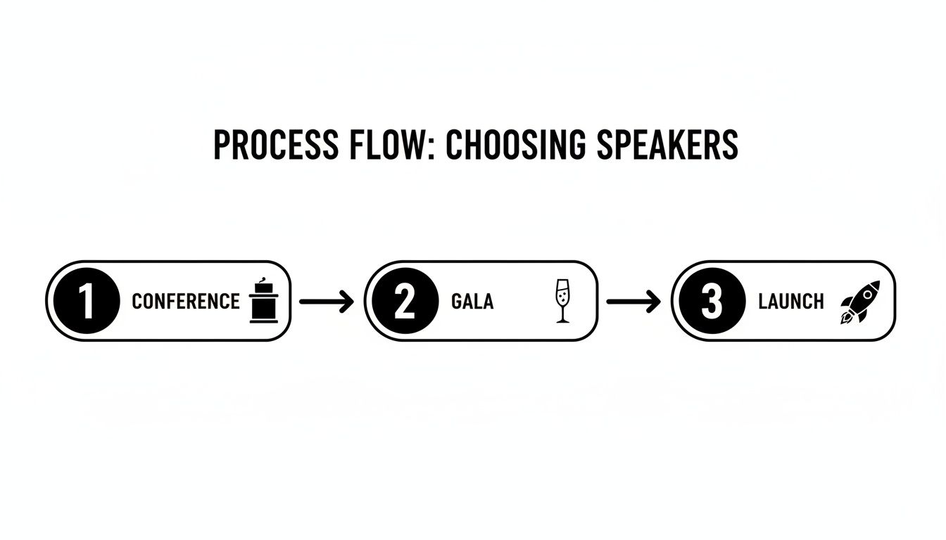A process flow diagram shows three steps for choosing speakers: conference, gala, and launch.