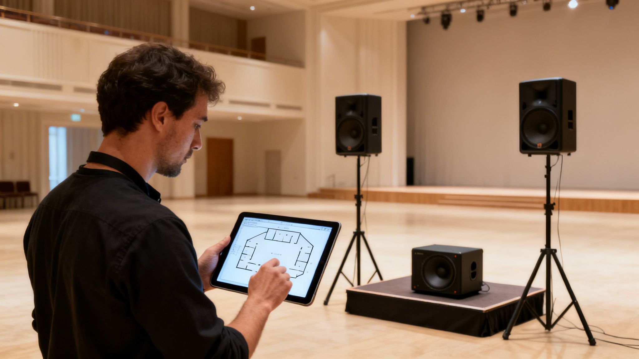 A man uses a tablet with a floor plan to set up sound equipment in a spacious hall.