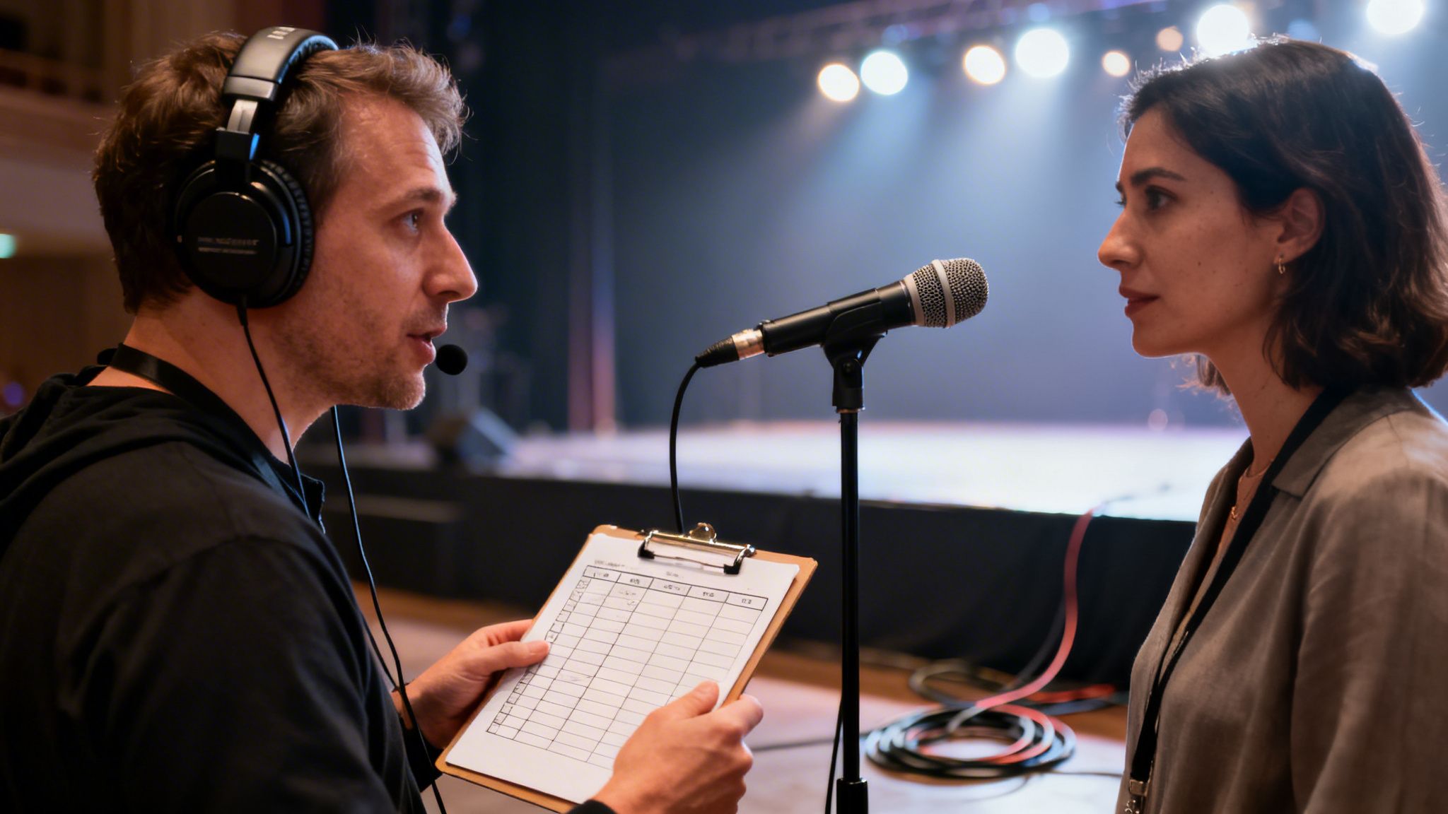 A male sound technician with headphones talks to a woman by a microphone on stage.