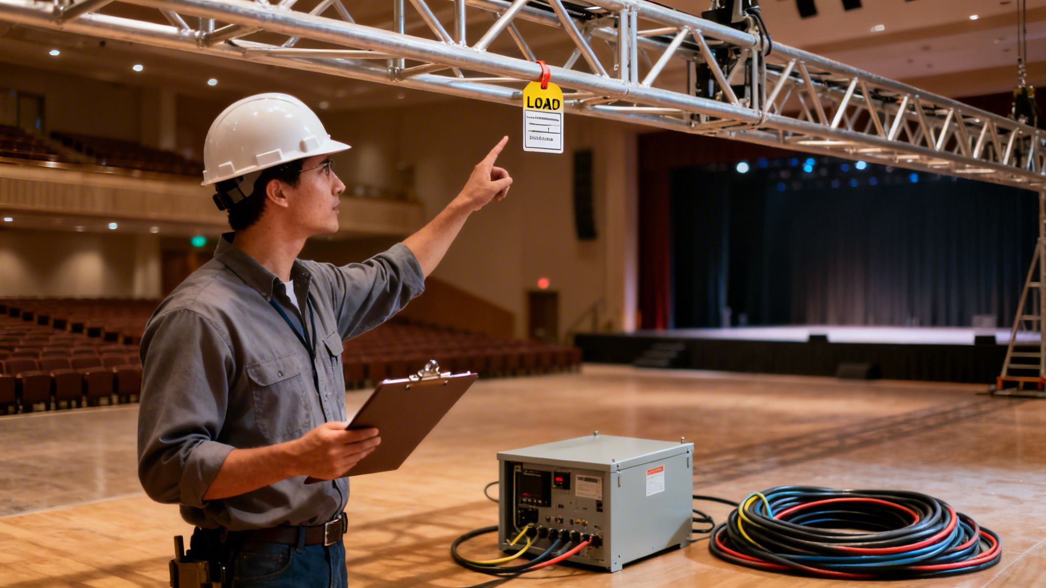 Engineer in a hard hat inspecting stage truss and equipment for an event setup.