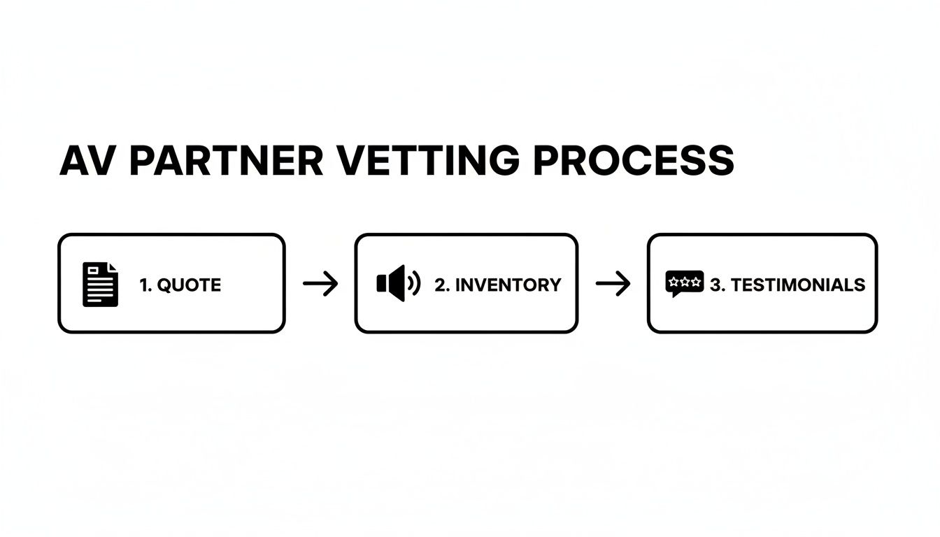 A flowchart showing the AV partner vetting process with three steps: quote, inventory, and testimonials.