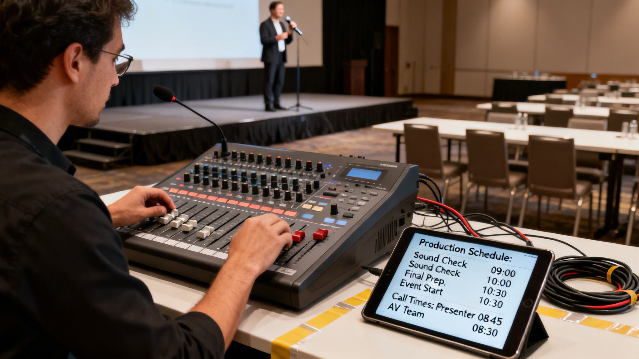 An audio engineer operates a sound mixing console during a live event, with a production schedule on a tablet.